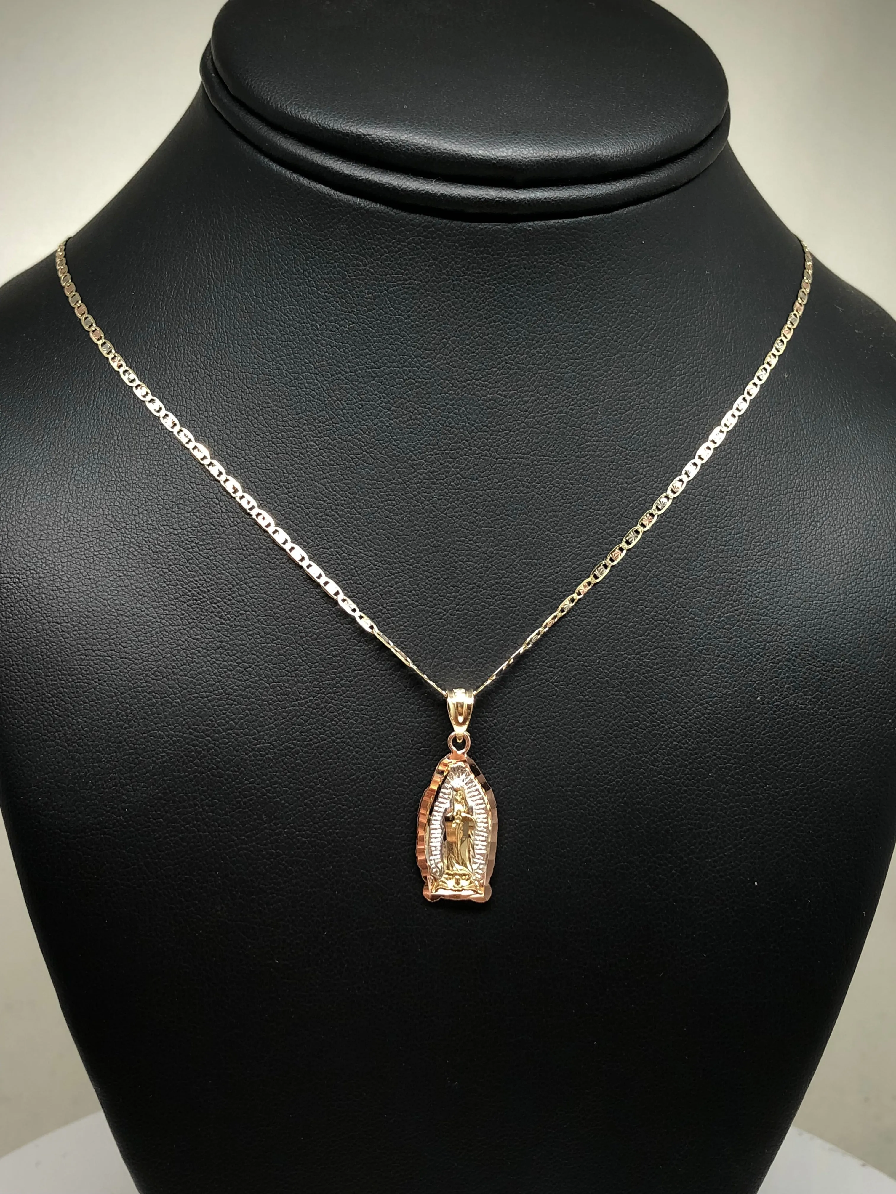 14k Solid Gold Tri-Color Virrgin Mary Pendant Virrgen Guadalupe Tri-Color Valentina Chain (SM,MED,LG)