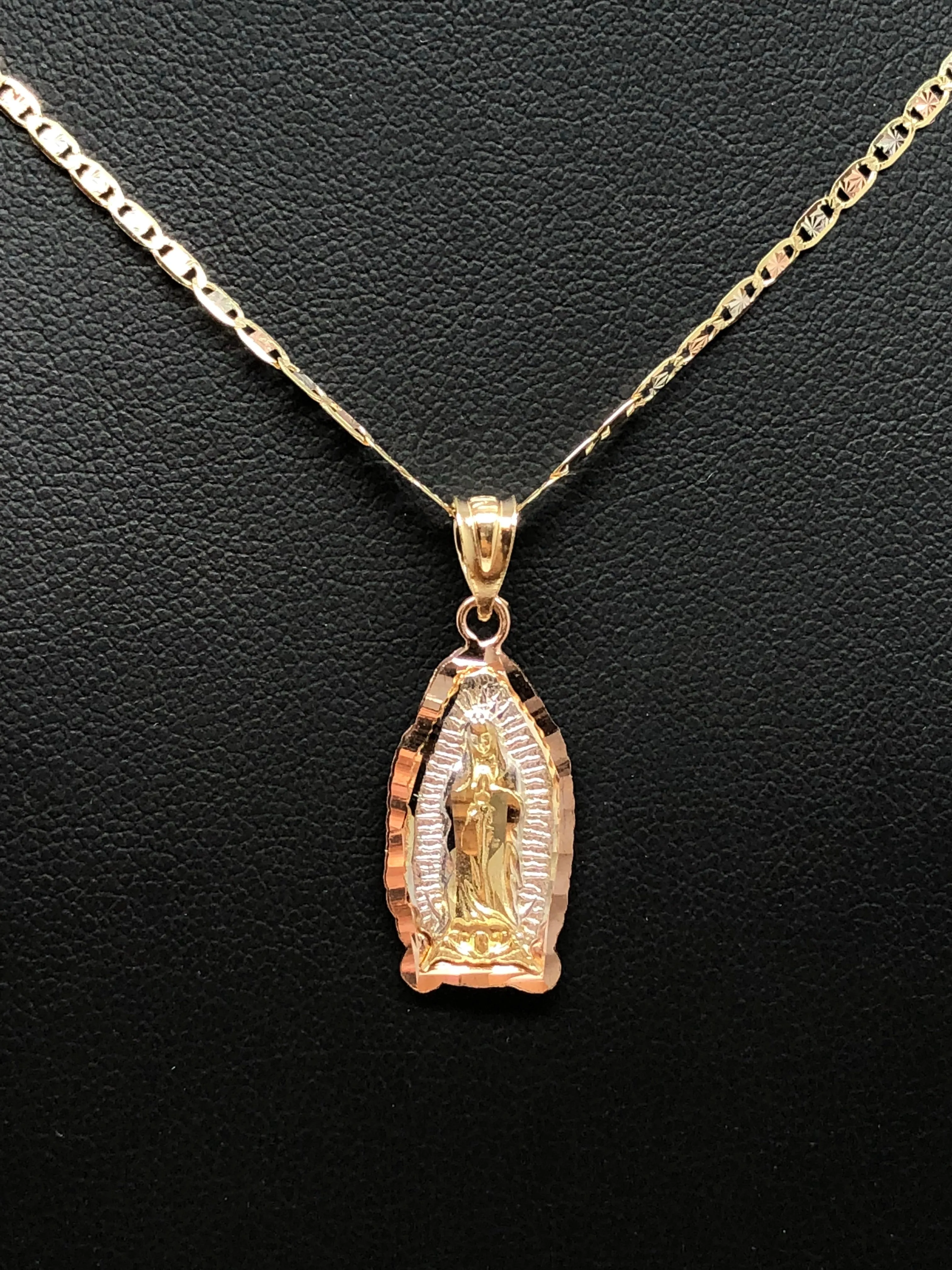 14k Solid Gold Tri-Color Virrgin Mary Pendant Virrgen Guadalupe Tri-Color Valentina Chain (SM,MED,LG)