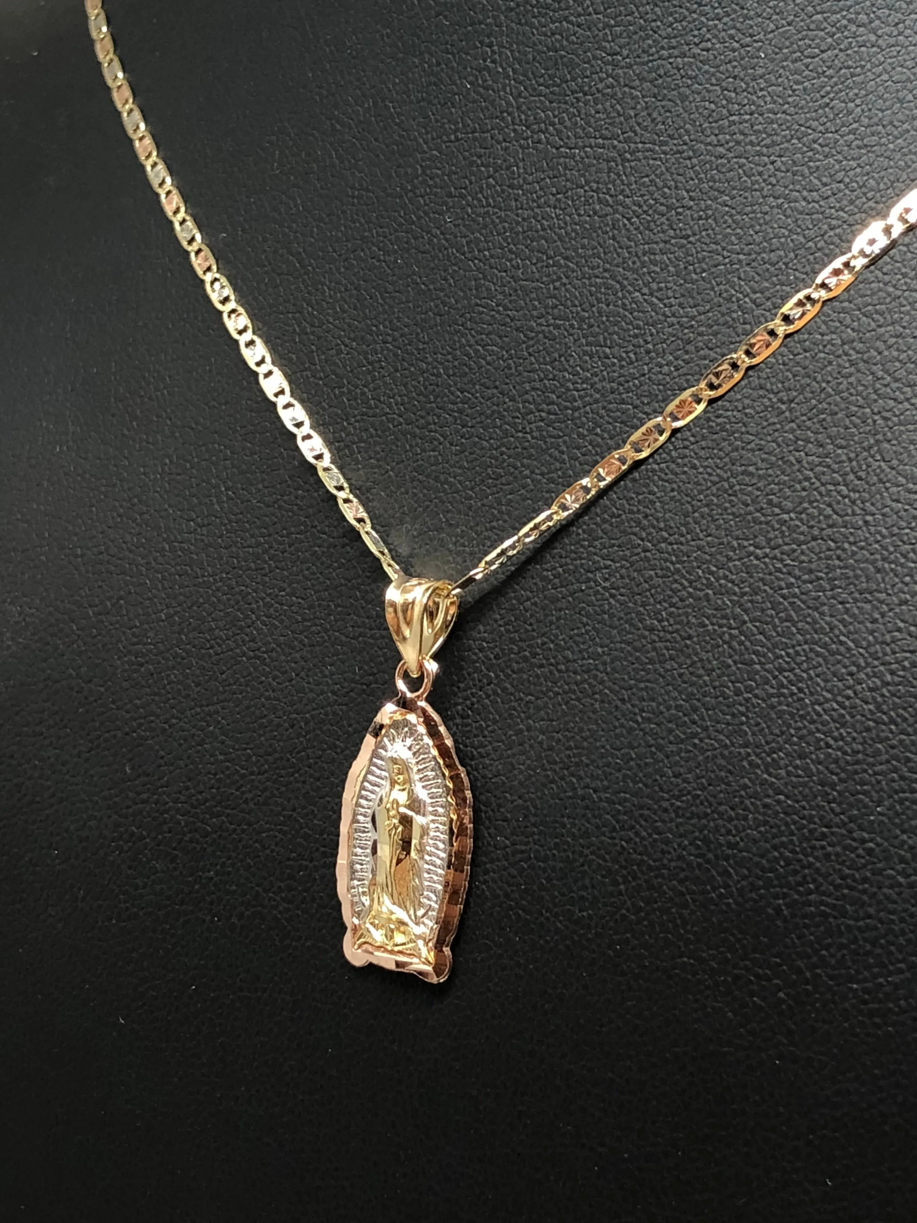 14k Solid Gold Tri-Color Virrgin Mary Pendant Virrgen Guadalupe Tri-Color Valentina Chain (SM,MED,LG)