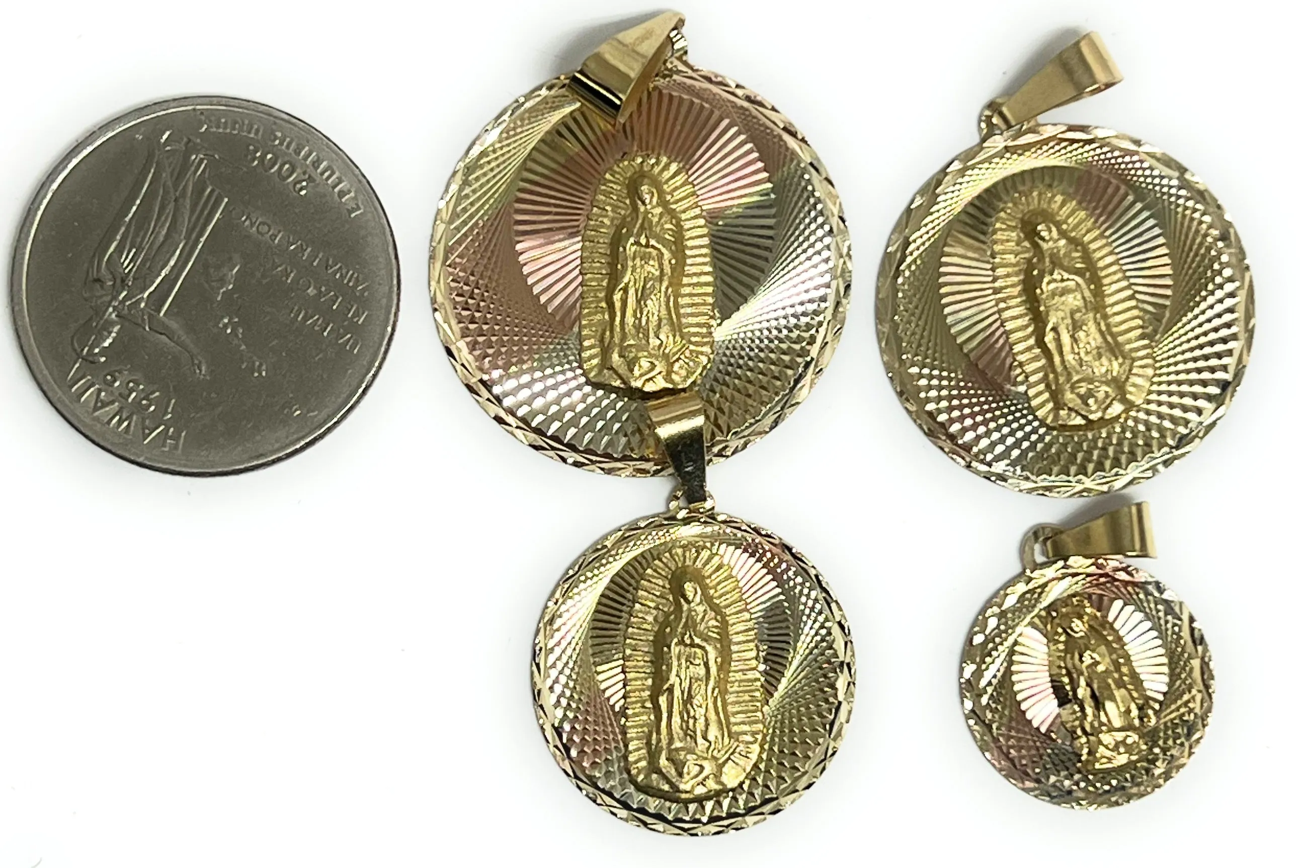 14k Solid Gold Tri-Color Virrgin Mary Round Pendant Virrgen Guadalupe Figaro Chain (SM,MED,LG)