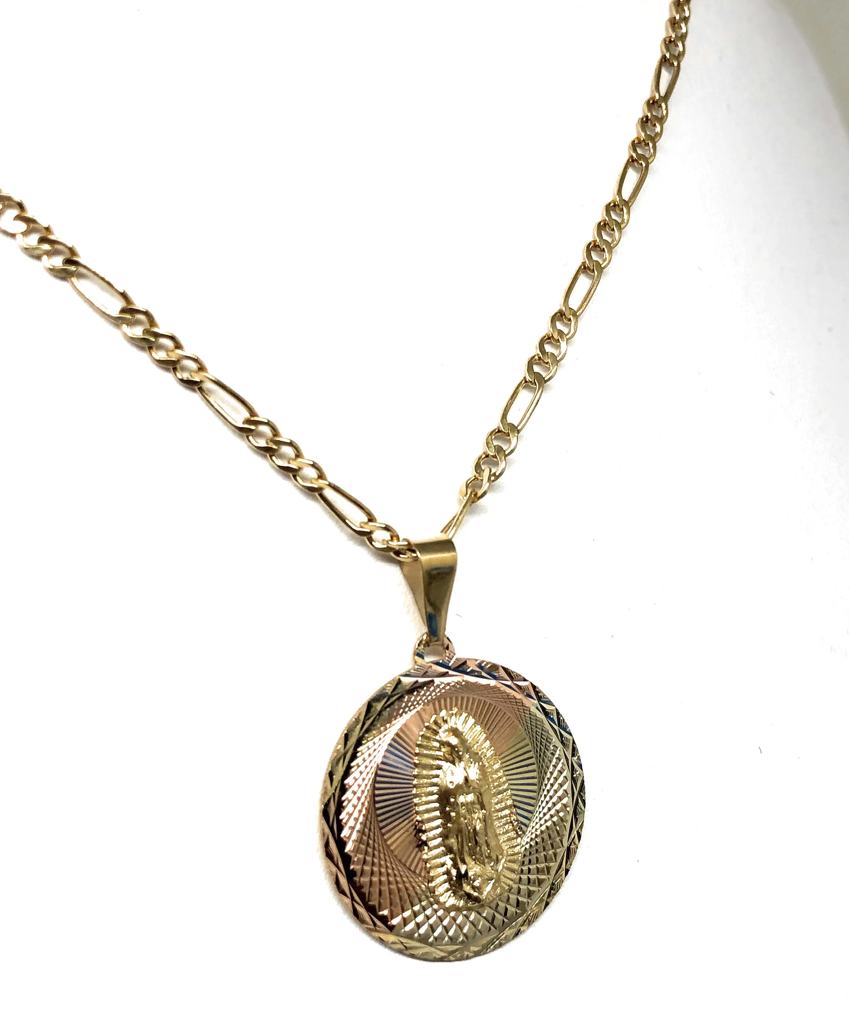 14k Solid Gold Tri-Color Virrgin Mary Round Pendant Virrgen Guadalupe Figaro Chain (SM,MED,LG)