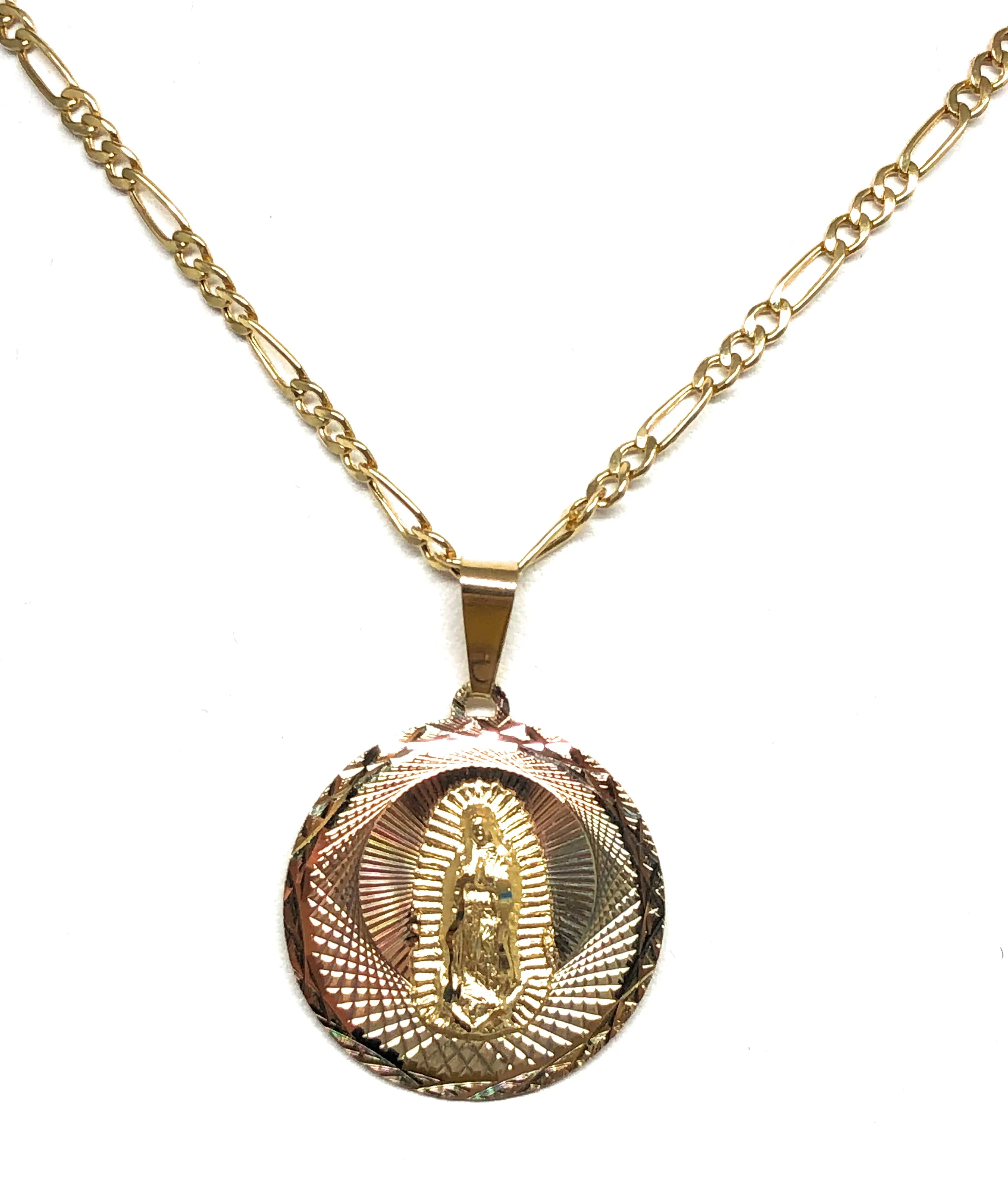 14k Solid Gold Tri-Color Virrgin Mary Round Pendant Virrgen Guadalupe Figaro Chain (SM,MED,LG)