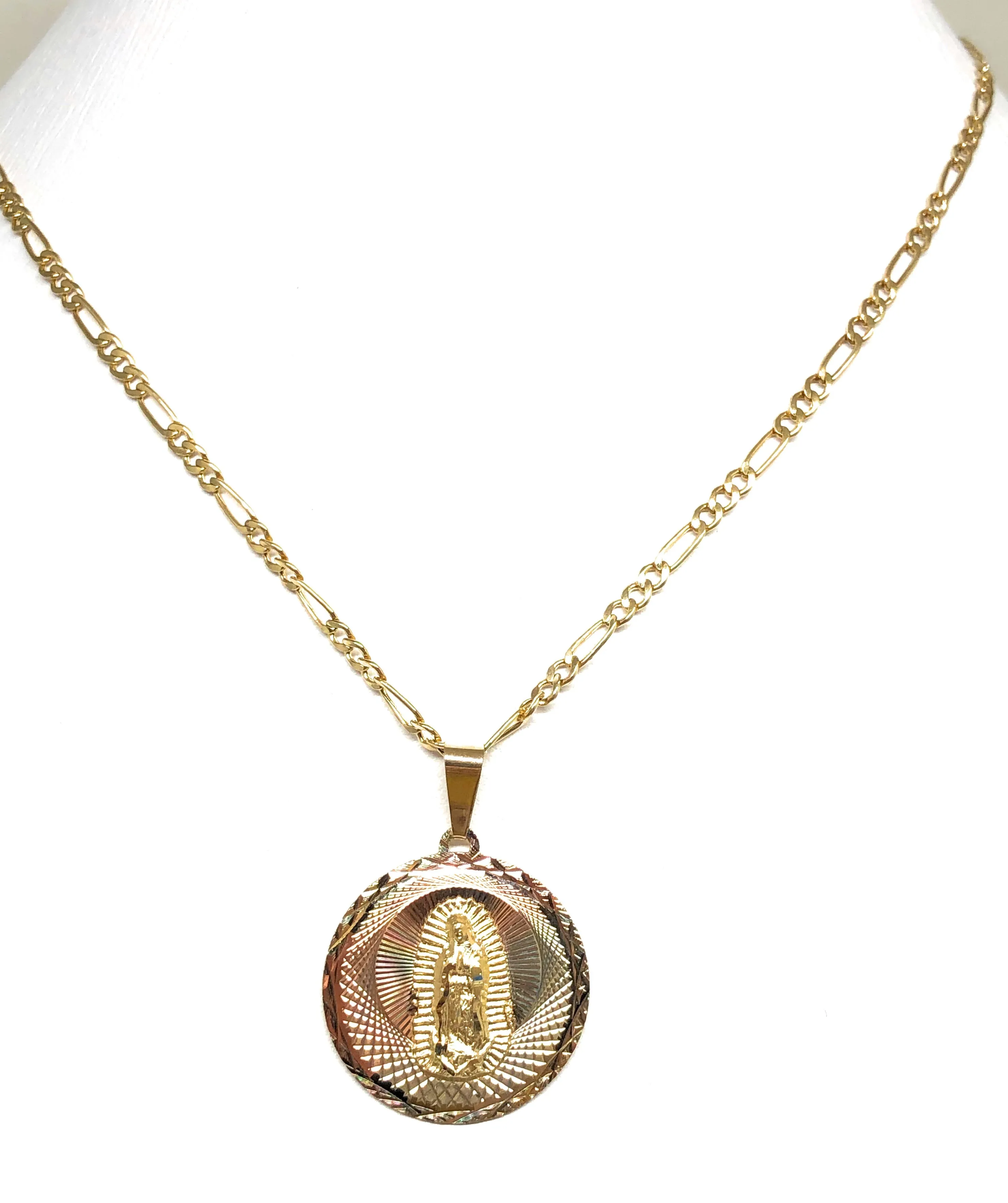 14k Solid Gold Tri-Color Virrgin Mary Round Pendant Virrgen Guadalupe Figaro Chain (SM,MED,LG)