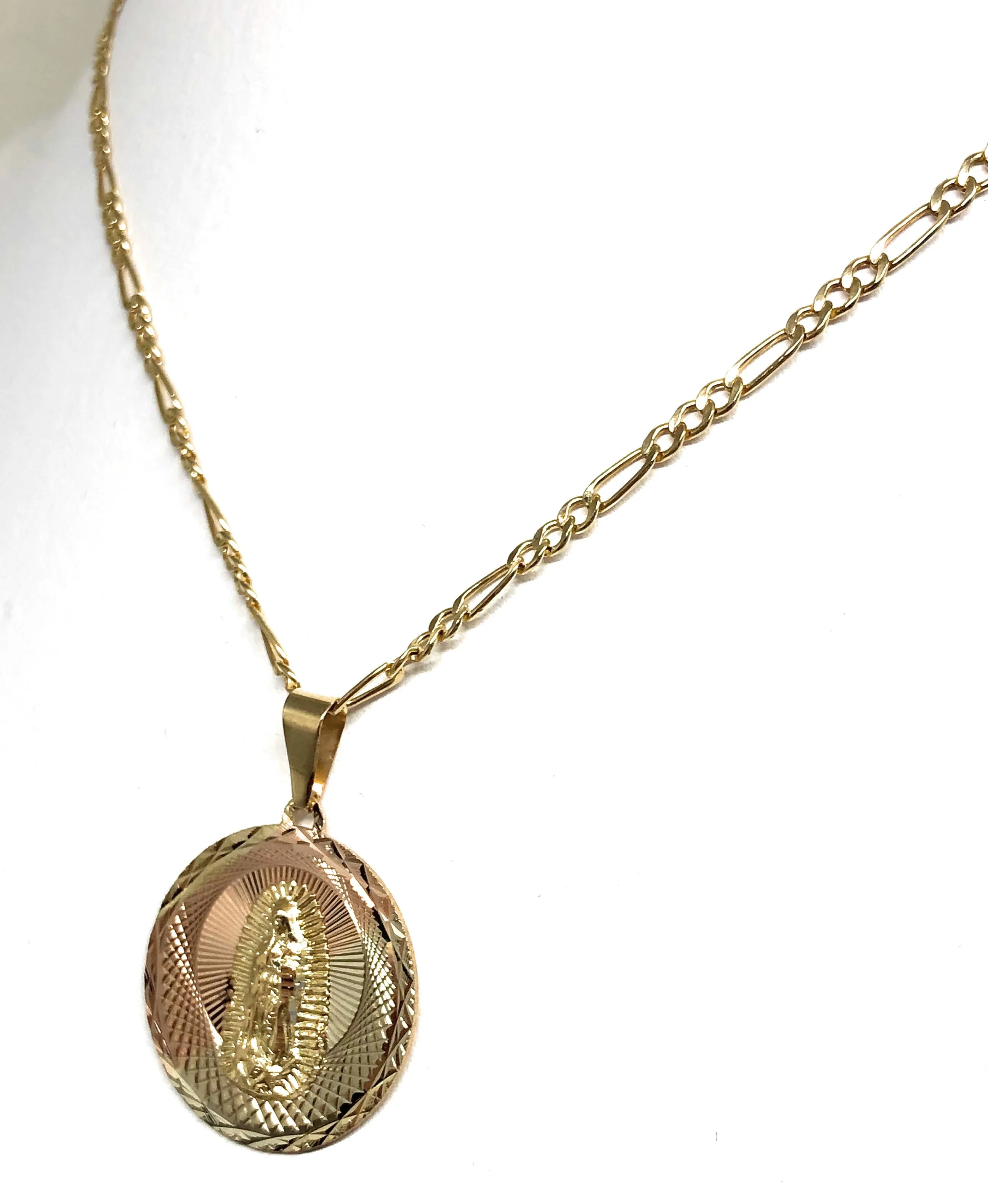 14k Solid Gold Tri-Color Virrgin Mary Round Pendant Virrgen Guadalupe Figaro Chain (SM,MED,LG)