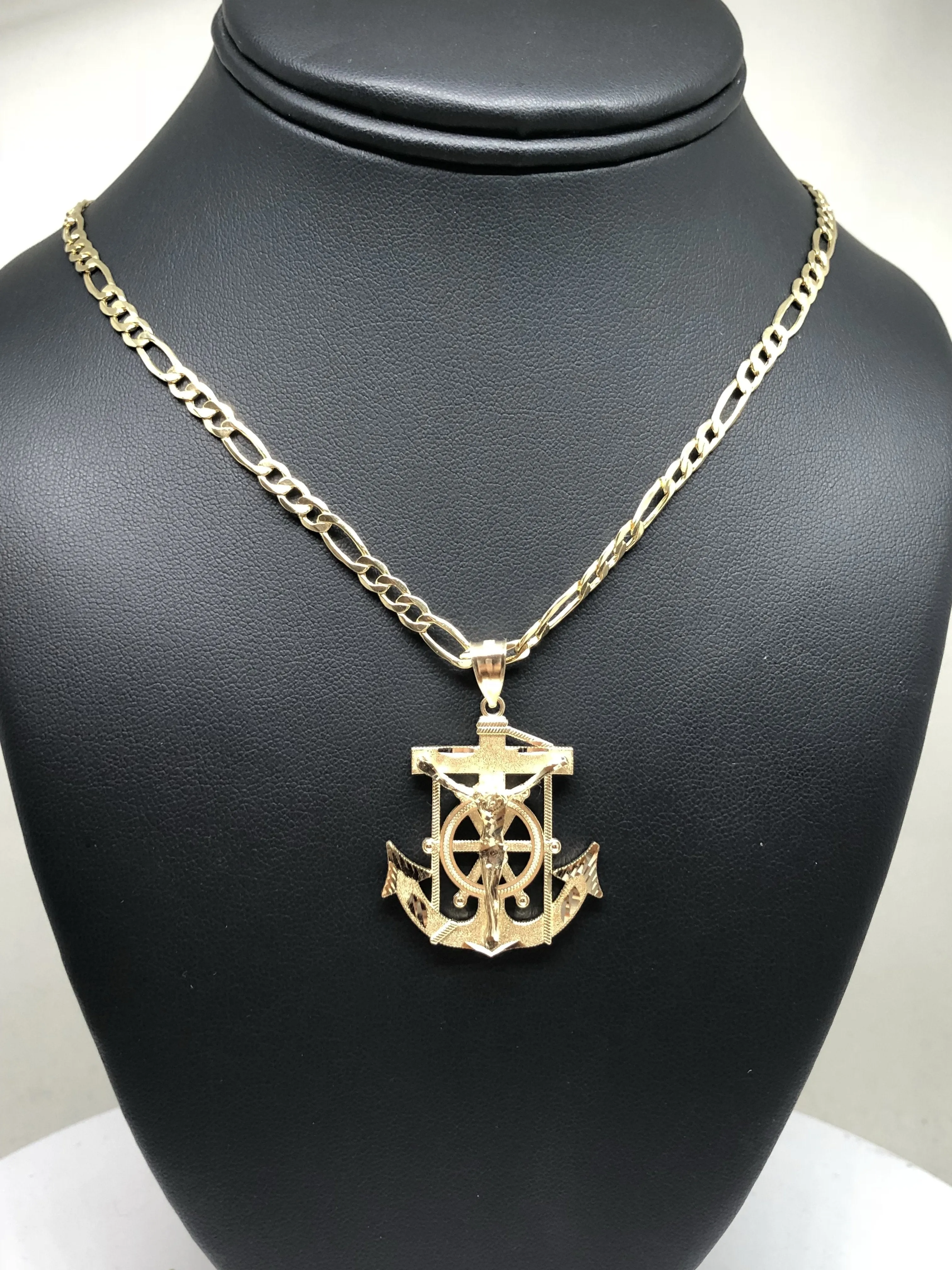 14k Solid Gold Yellow Anchor Jesus Crucifix Ancla Cristo Pendant Necklace with Chain (SM,MED,LG)