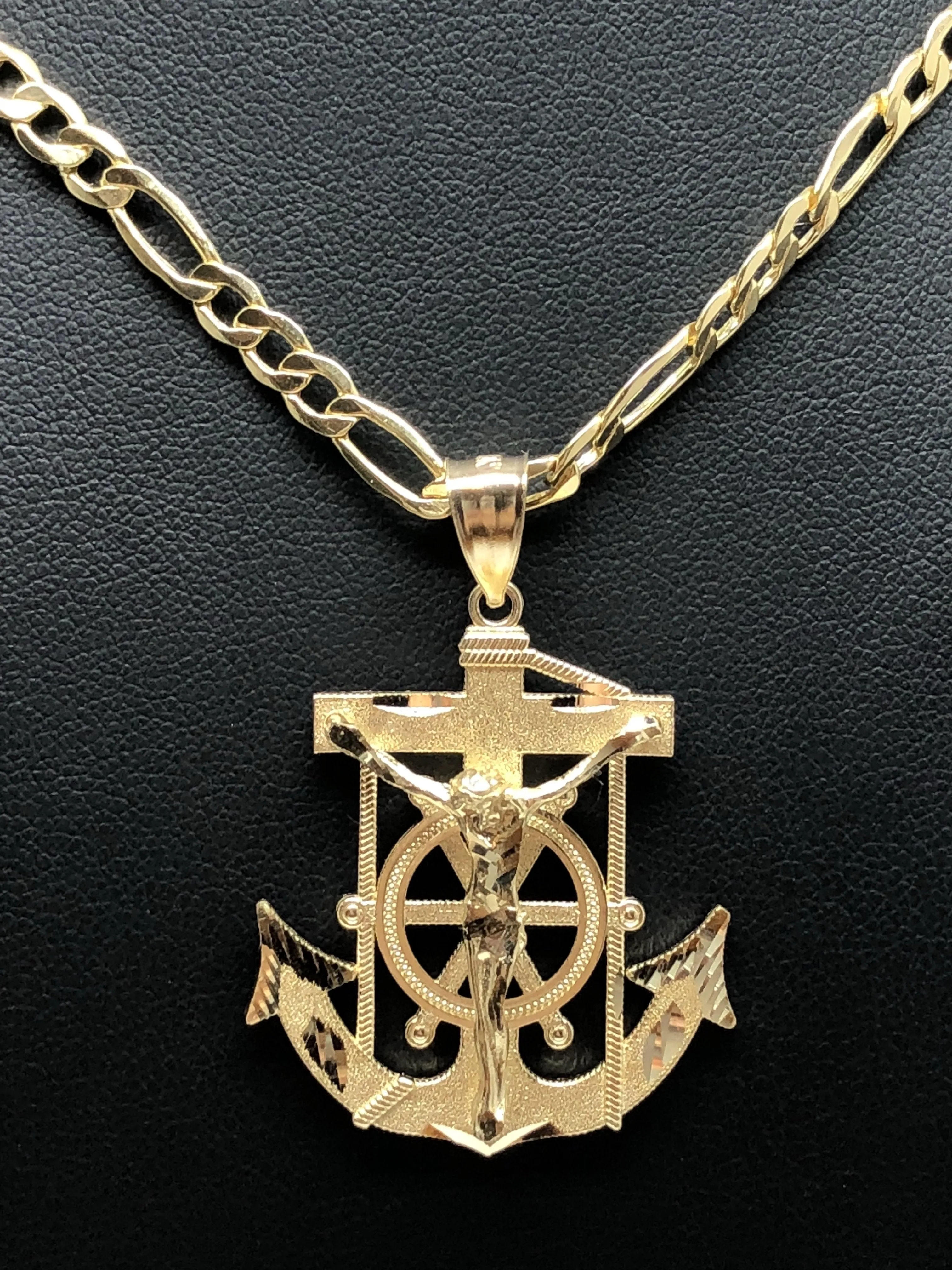 14k Solid Gold Yellow Anchor Jesus Crucifix Ancla Cristo Pendant Necklace with Chain (SM,MED,LG)