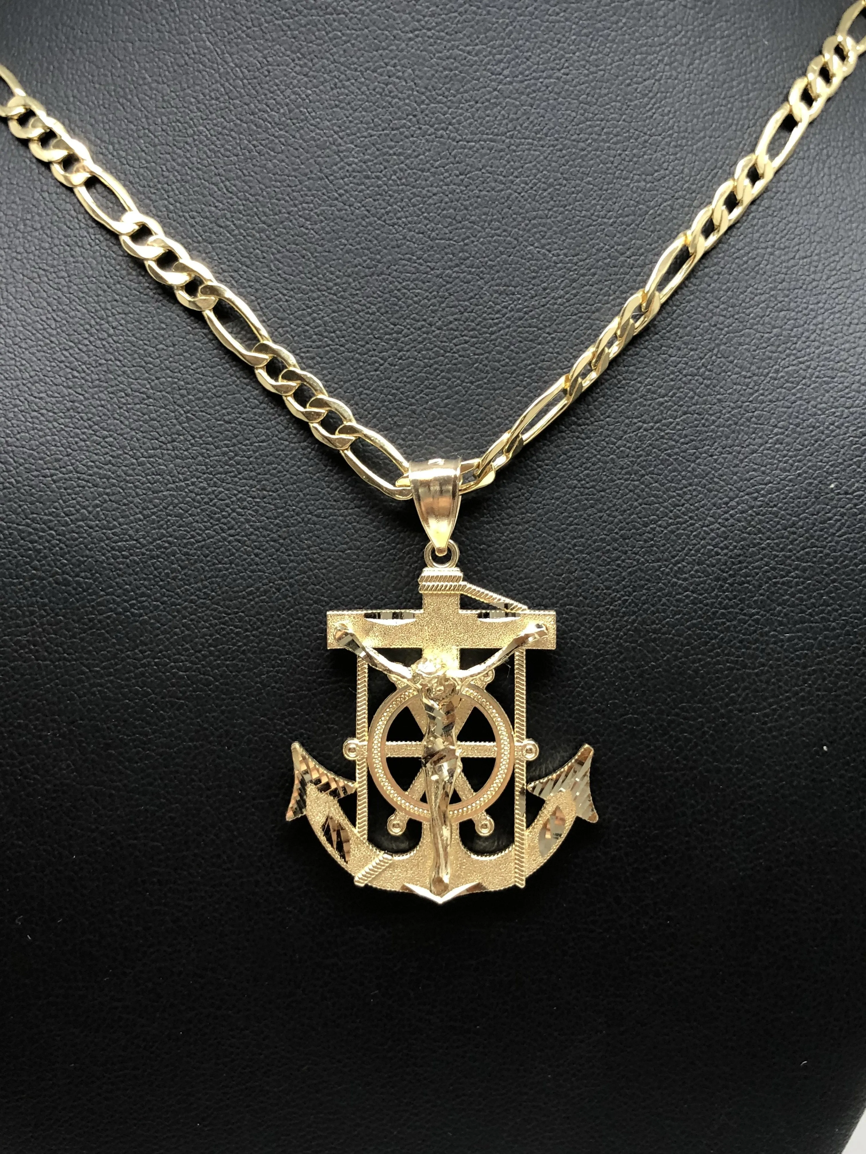 14k Solid Gold Yellow Anchor Jesus Crucifix Ancla Cristo Pendant Necklace with Chain (SM,MED,LG)