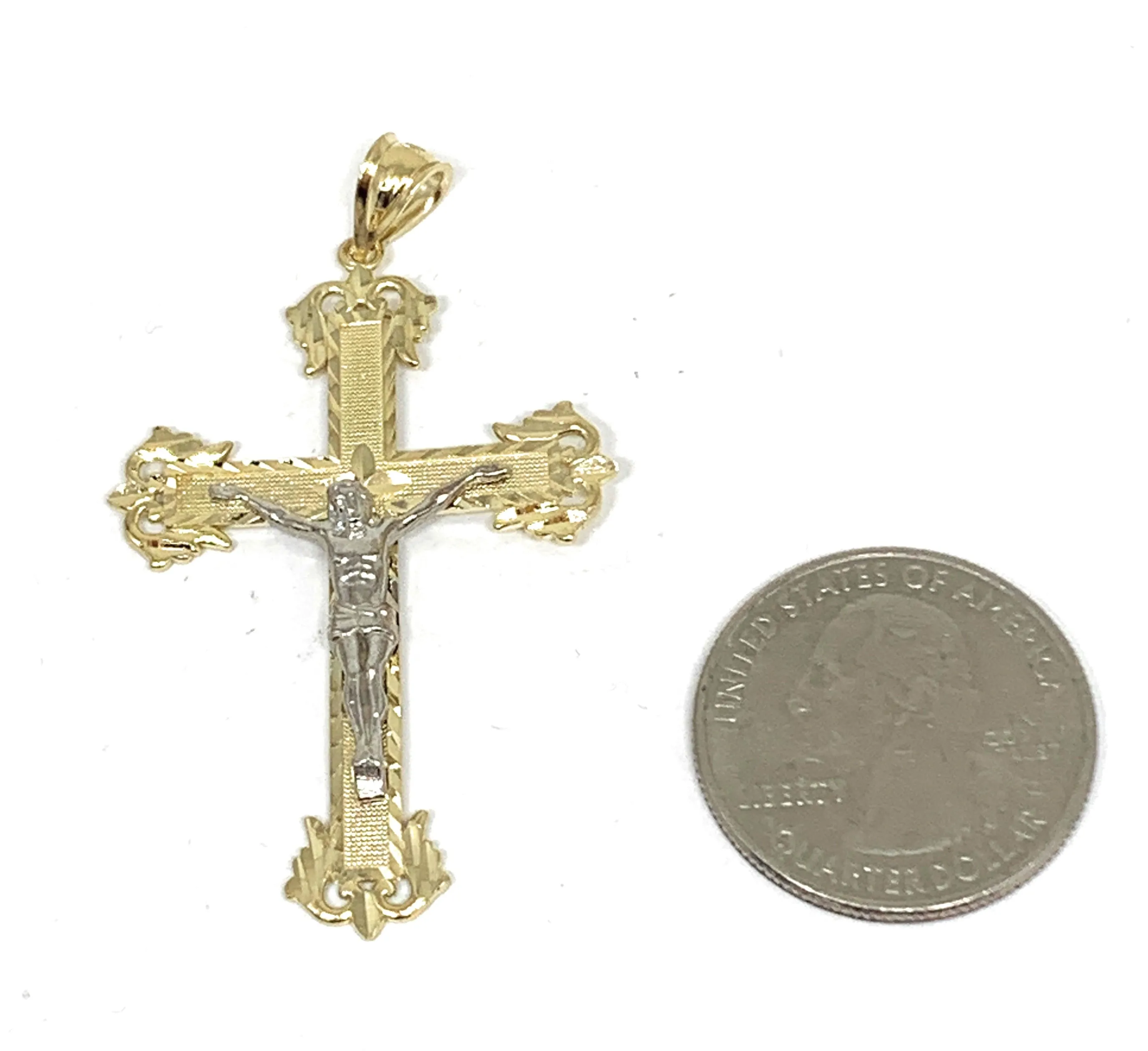 14k Solid Gold Yellow Classic 2-Tone Jesus Cross Crucifix Pendant Necklace (SM, MED)