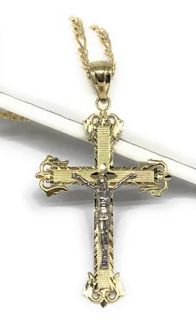 14k Solid Gold Yellow Classic 2-Tone Jesus Cross Crucifix Pendant Necklace (SM, MED)