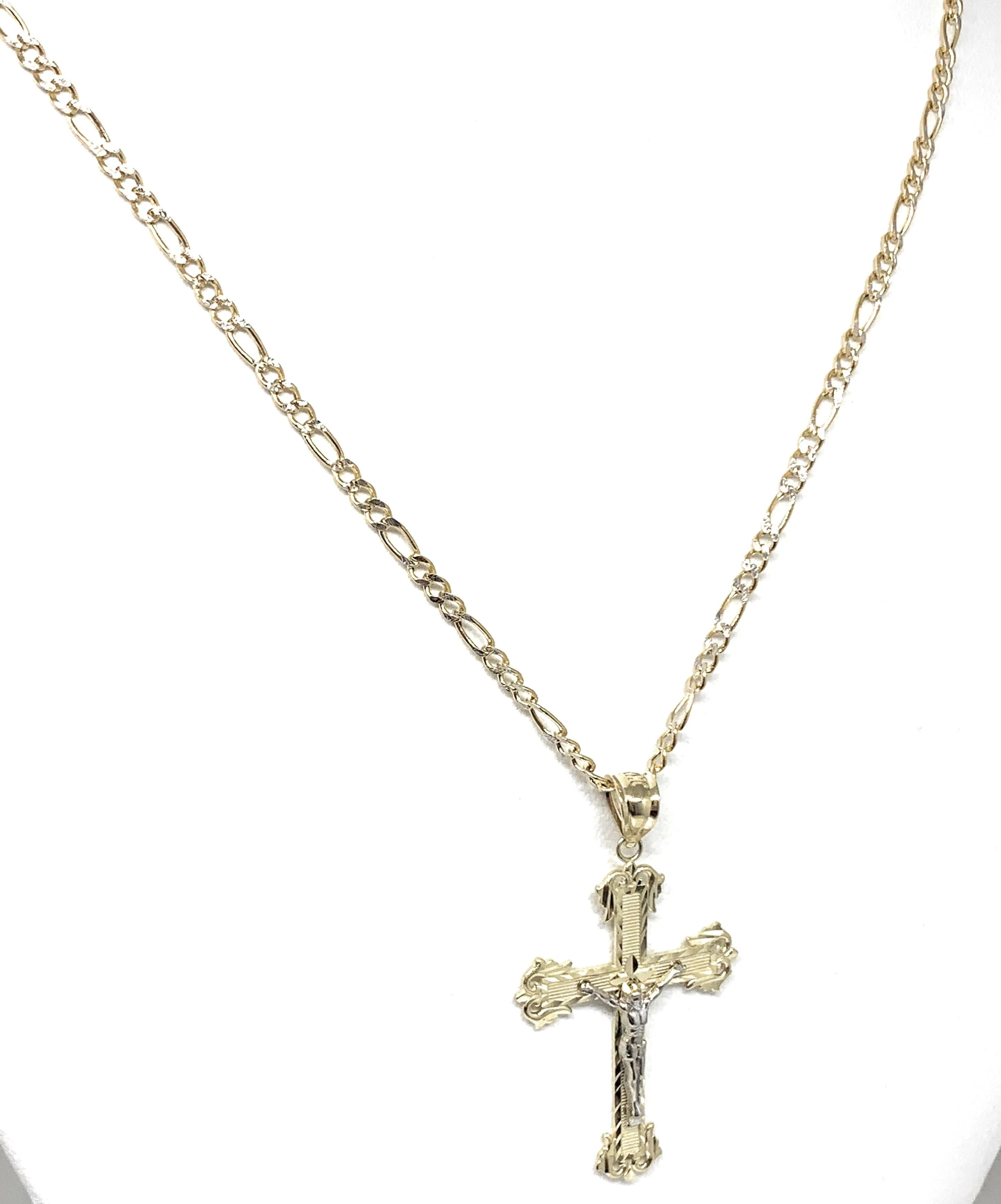 14k Solid Gold Yellow Classic 2-Tone Jesus Cross Crucifix Pendant Necklace (SM, MED)