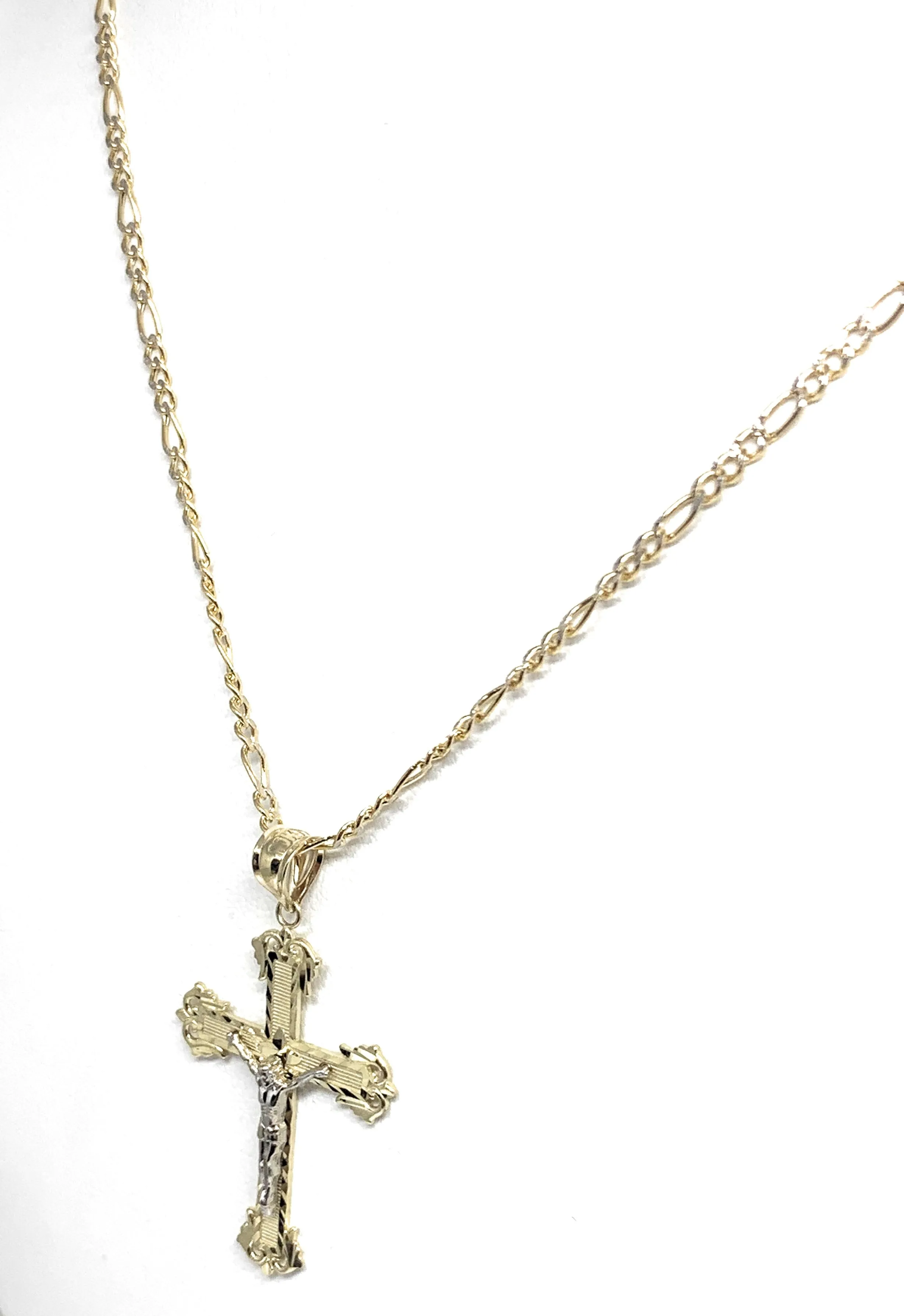 14k Solid Gold Yellow Classic 2-Tone Jesus Cross Crucifix Pendant Necklace (SM, MED)