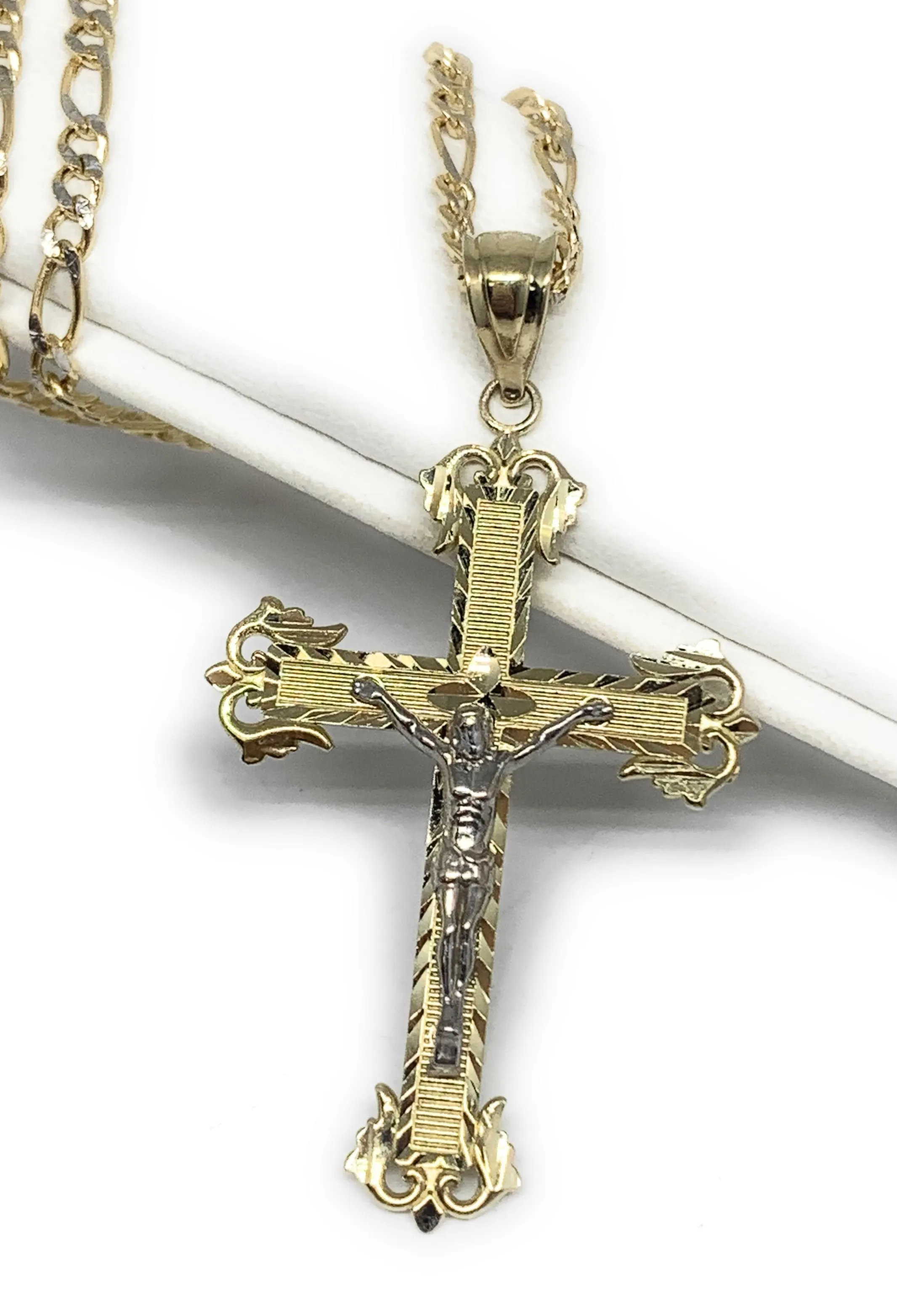 14k Solid Gold Yellow Classic 2-Tone Jesus Cross Crucifix Pendant Necklace (SM, MED)