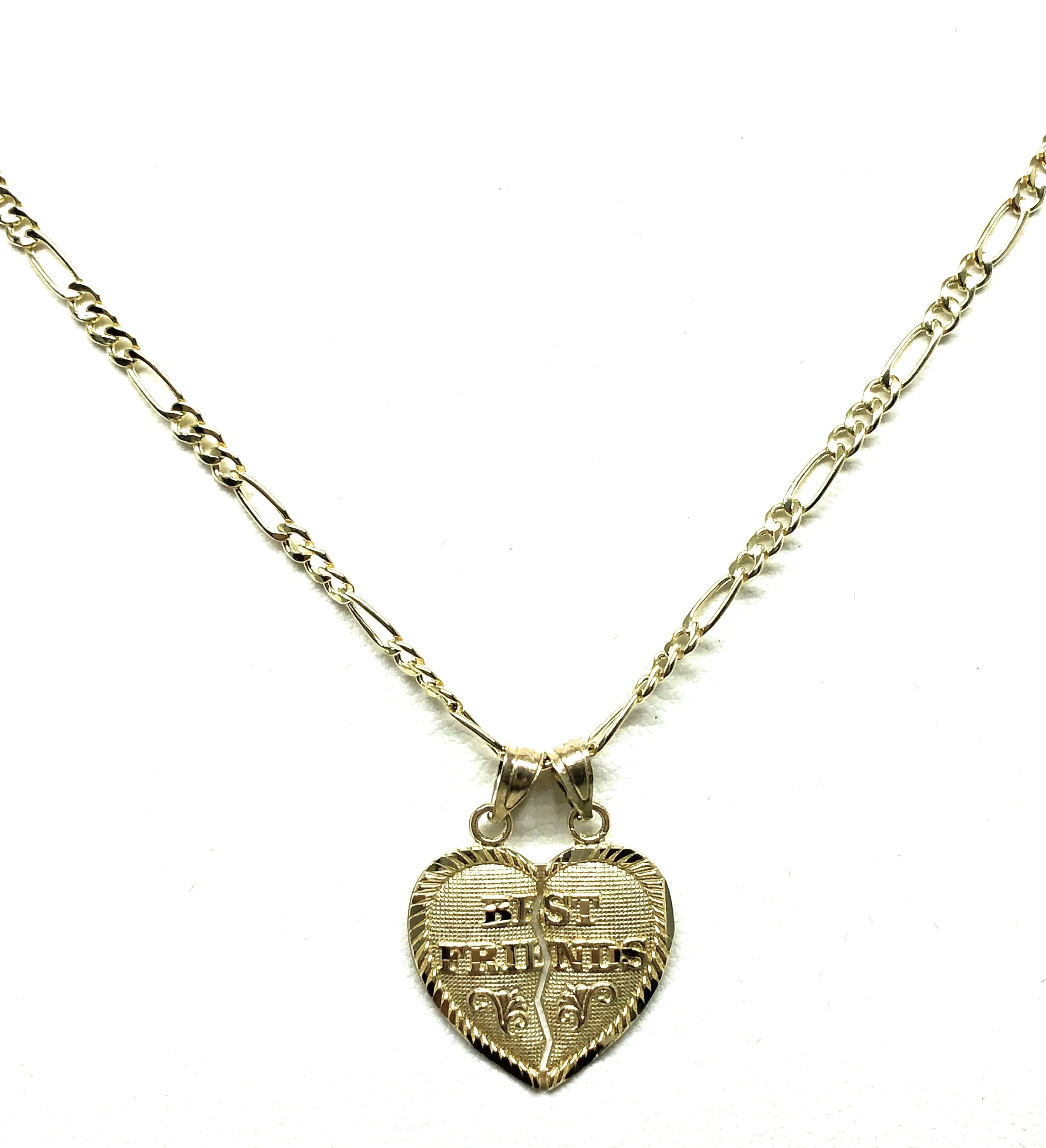 14k Solid Gold Yellow Gold “Best Friends Heart Split Pendant FIGARO CHAIN(SM,MED)