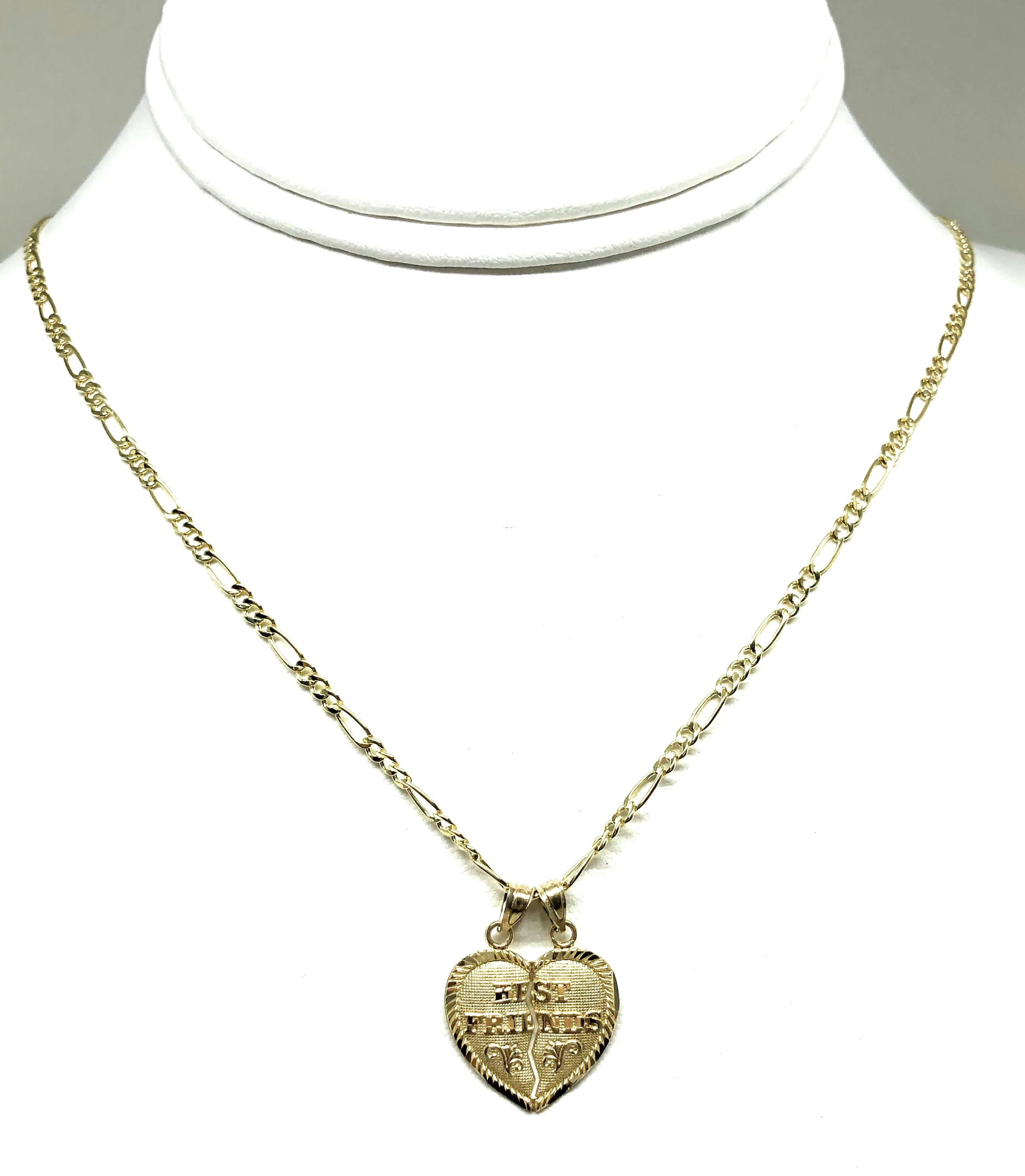 14k Solid Gold Yellow Gold “Best Friends Heart Split Pendant FIGARO CHAIN(SM,MED)