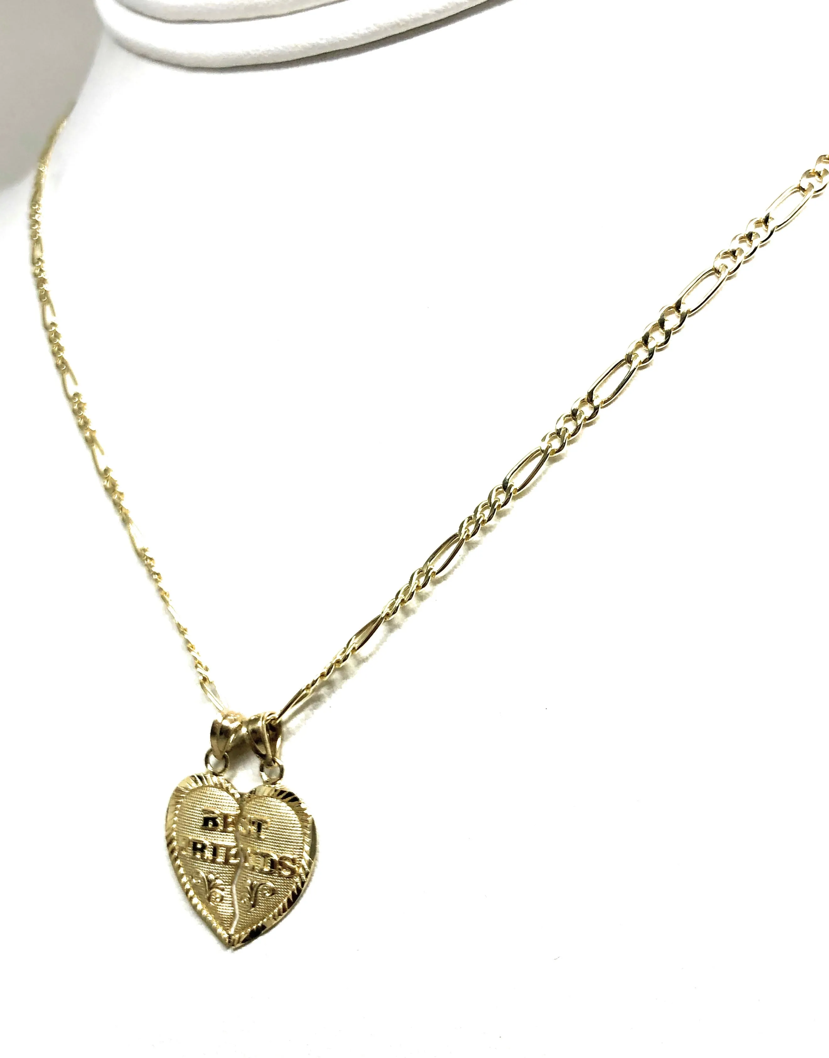 14k Solid Gold Yellow Gold “Best Friends Heart Split Pendant FIGARO CHAIN(SM,MED)