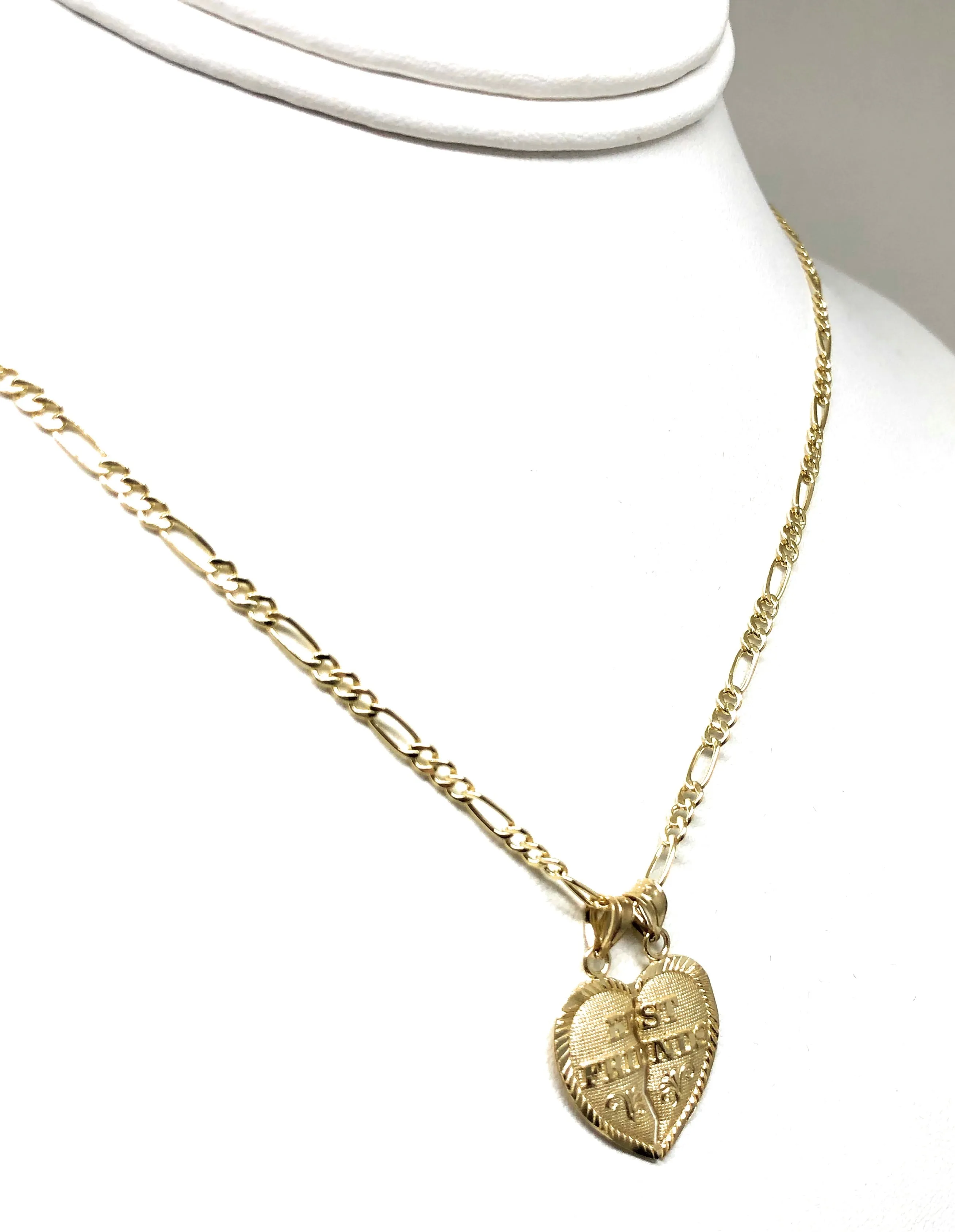 14k Solid Gold Yellow Gold “Best Friends Heart Split Pendant FIGARO CHAIN(SM,MED)