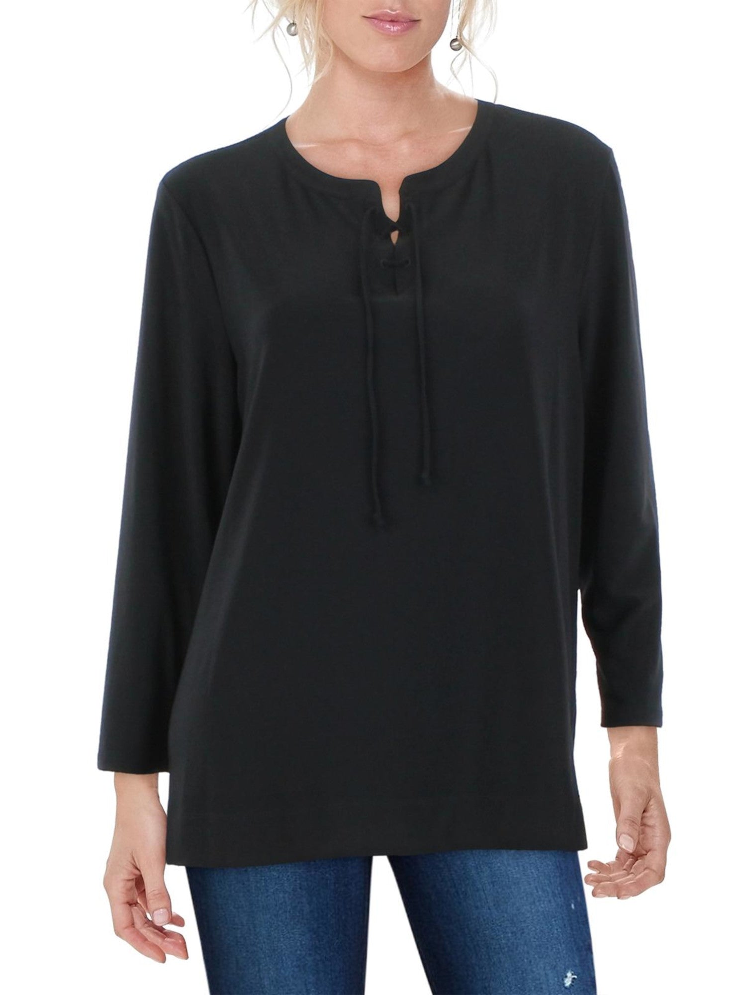 ANNE KLEIN Womens Black Stretch Long Sleeve Split Tunic Top