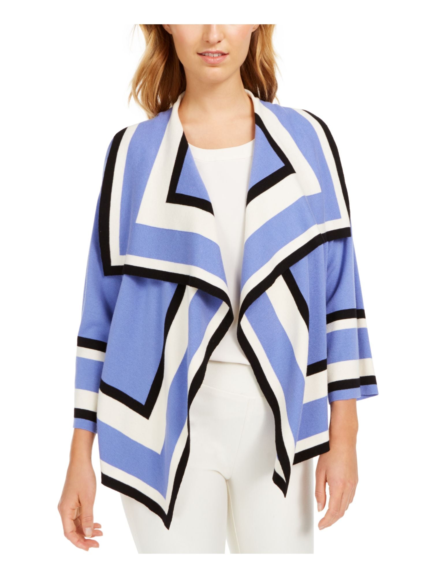 ANNE KLEIN Womens Blue Striped Long Sleeve Open Cardigan Sweater