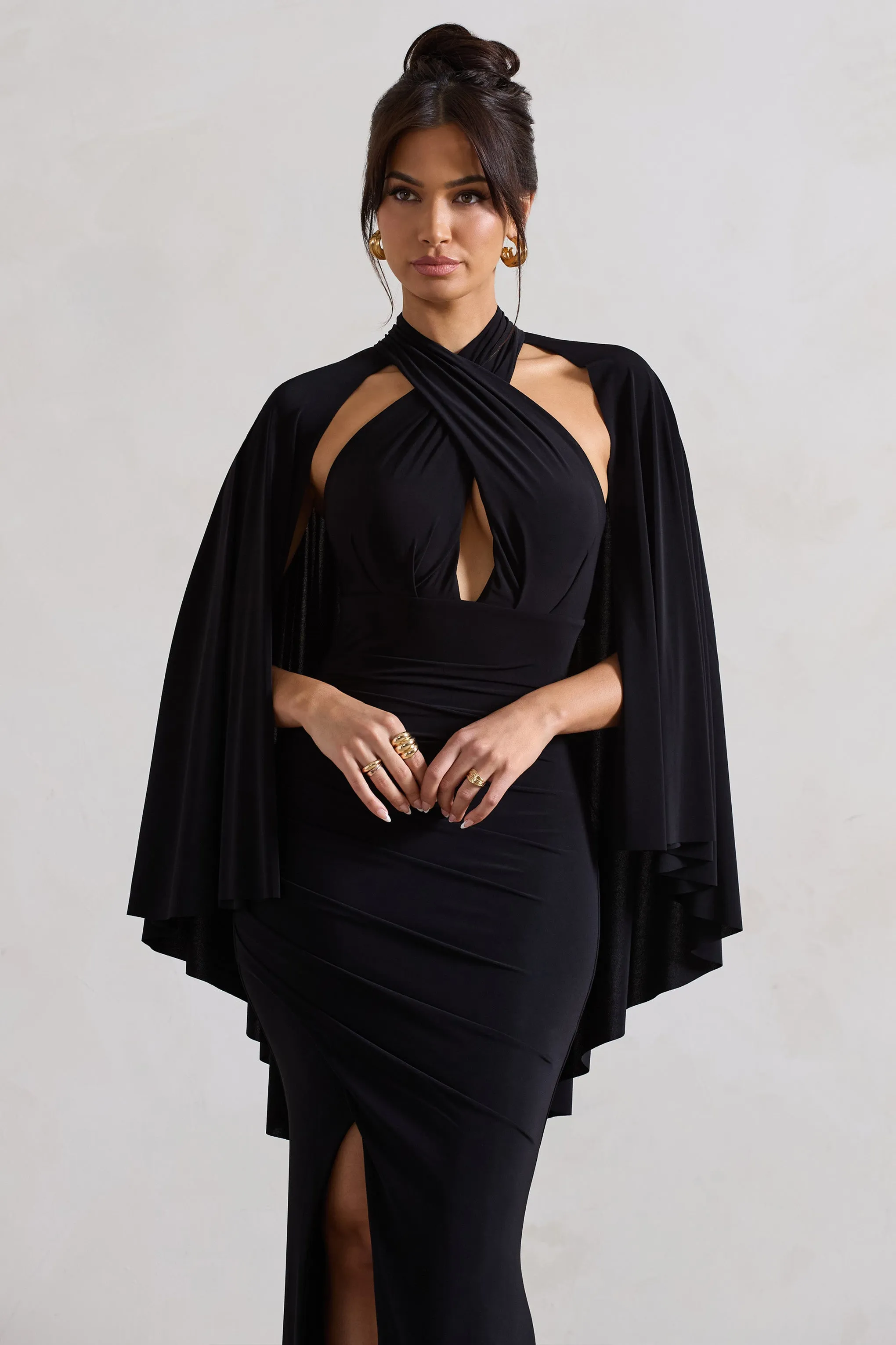 Audrina | Black Ruched Halter-Neck Split Maxi Dress With Cape