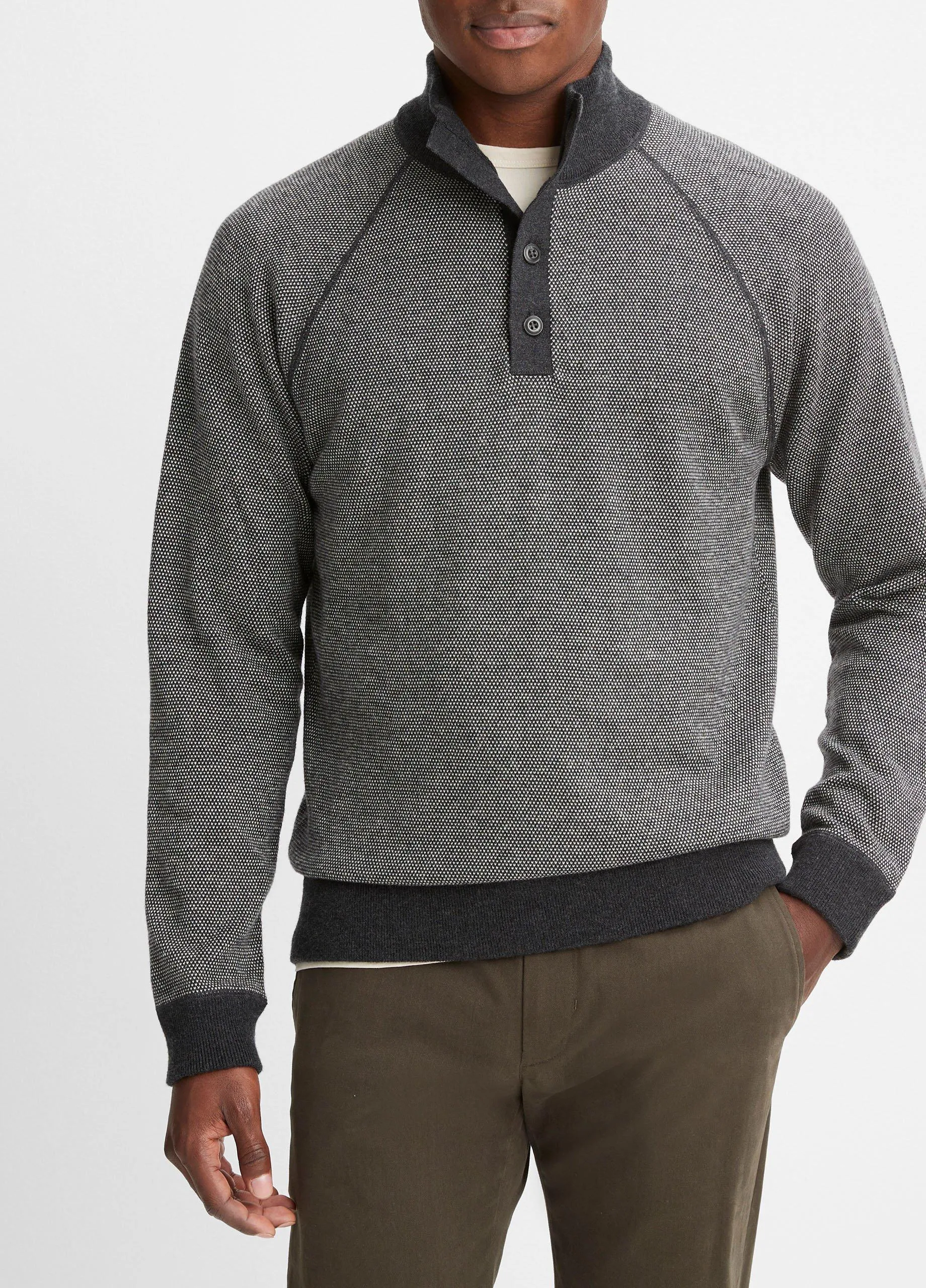 Birdseye Button Mock Neck Sweater