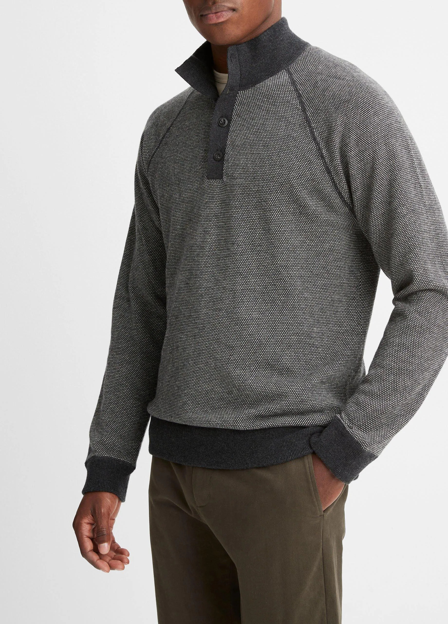 Birdseye Button Mock Neck Sweater