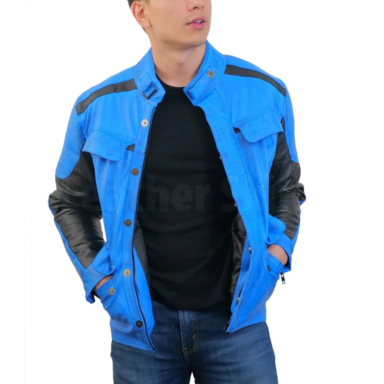 Blue Combo Biker Leather Jacket - Leather Skin Shop