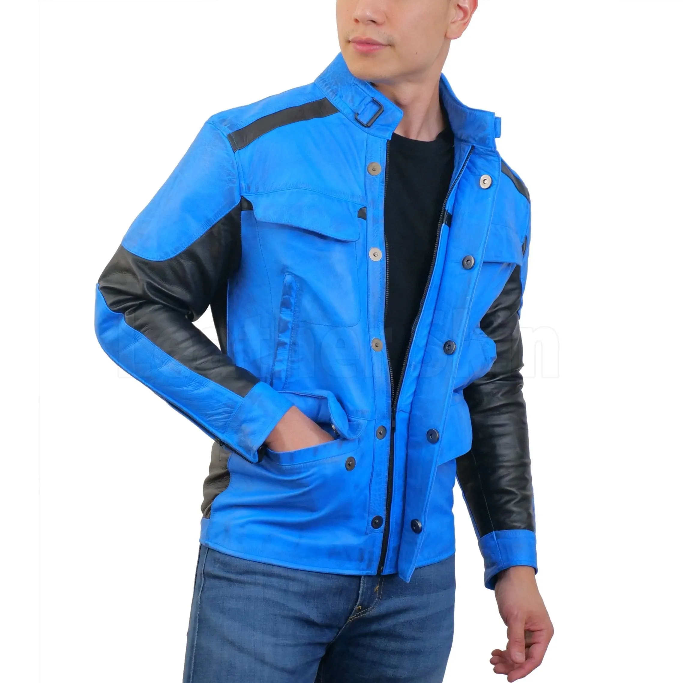 Blue Combo Biker Leather Jacket - Leather Skin Shop