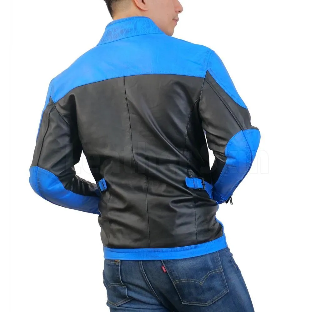 Blue Combo Biker Leather Jacket - Leather Skin Shop