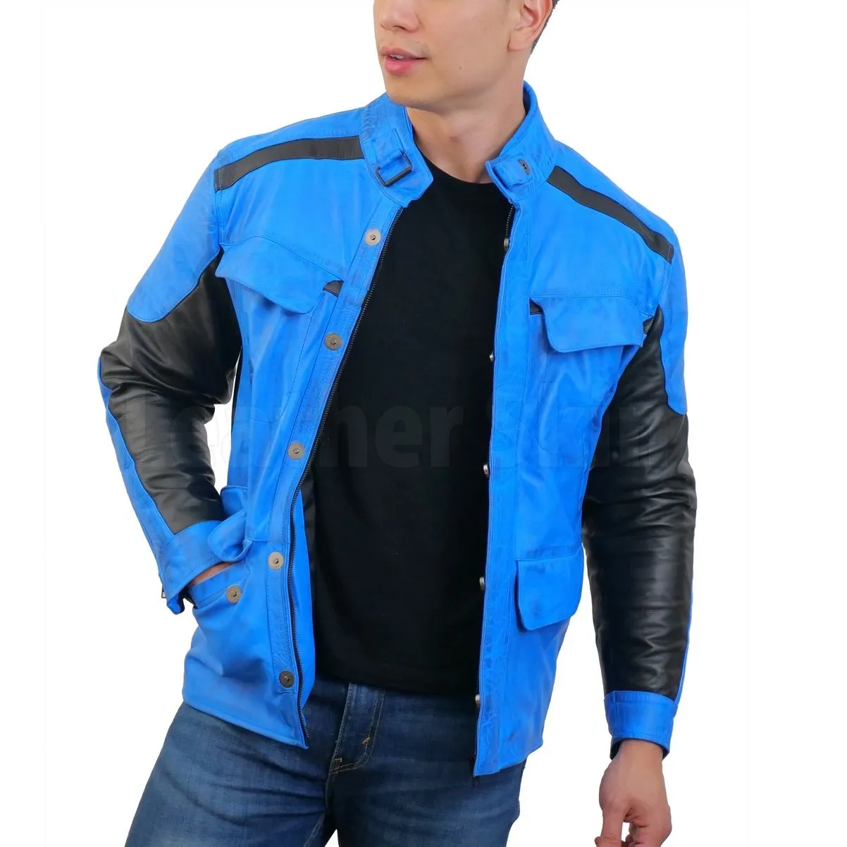 Blue Combo Biker Leather Jacket - Leather Skin Shop