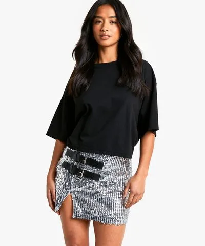 boohoo Womens Petite Buckle Detail Sequin Mini Skirt