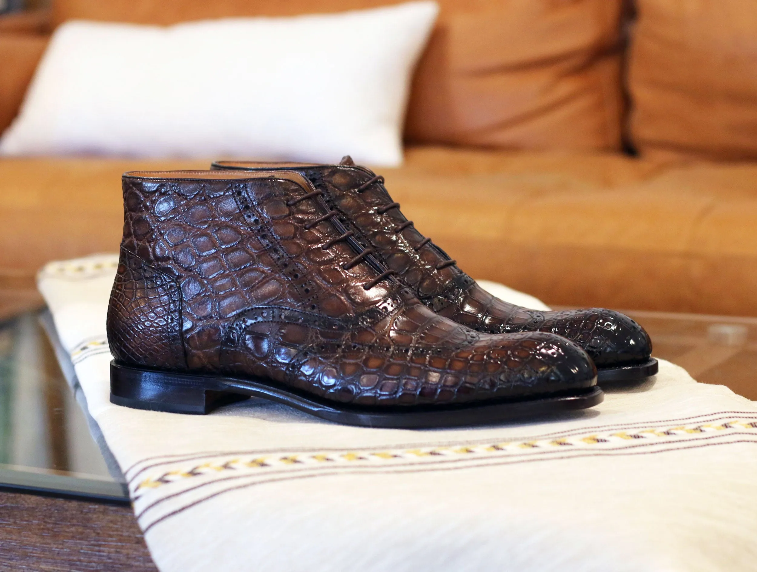 Burnished Alligator Lace-Up Wingtip Boot Brown