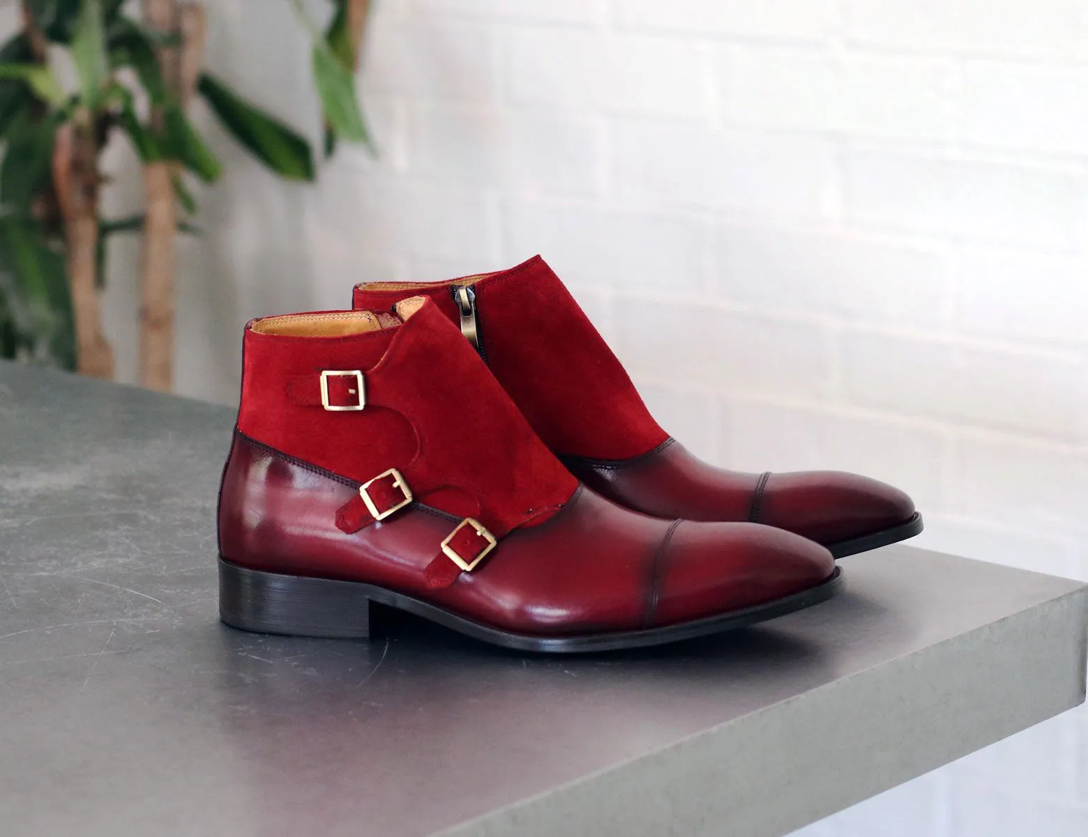 Burnished Calfskin & Suede Slip-On Chukka Boot Burgundy