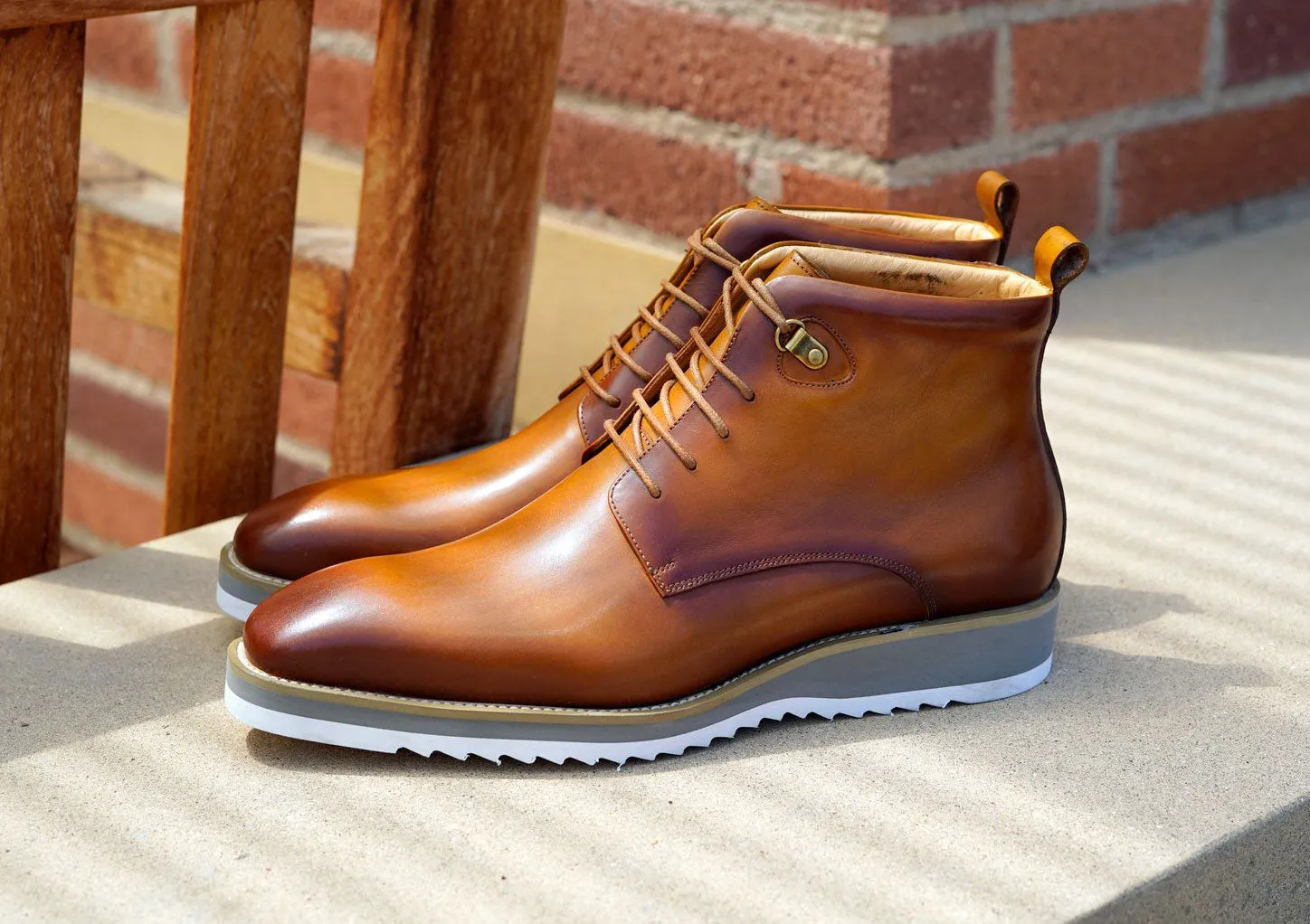 Burnished Calfskin Lace-Up Boot Cognac