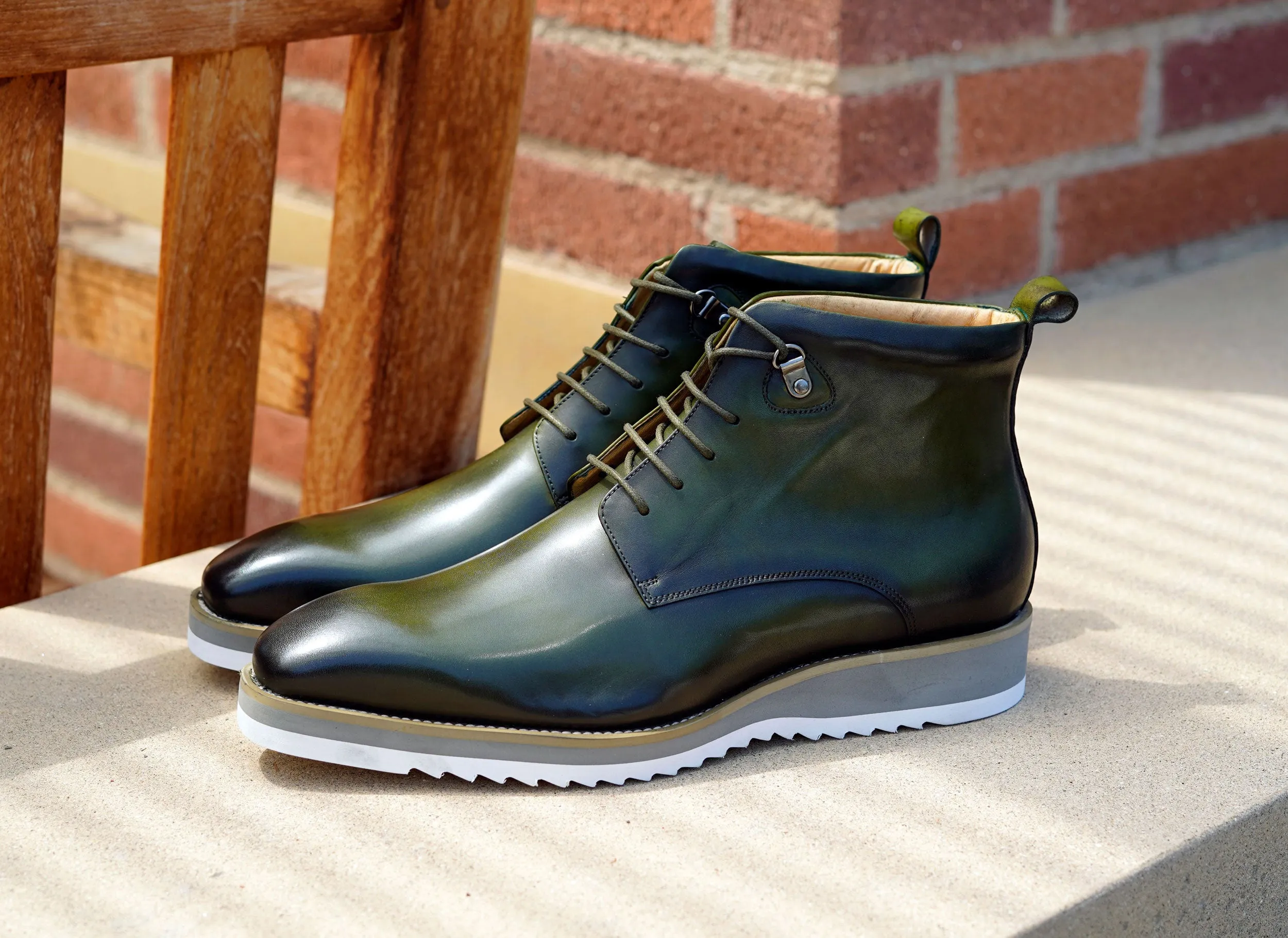 Burnished Calfskin Lace-Up Boot Hunter Green