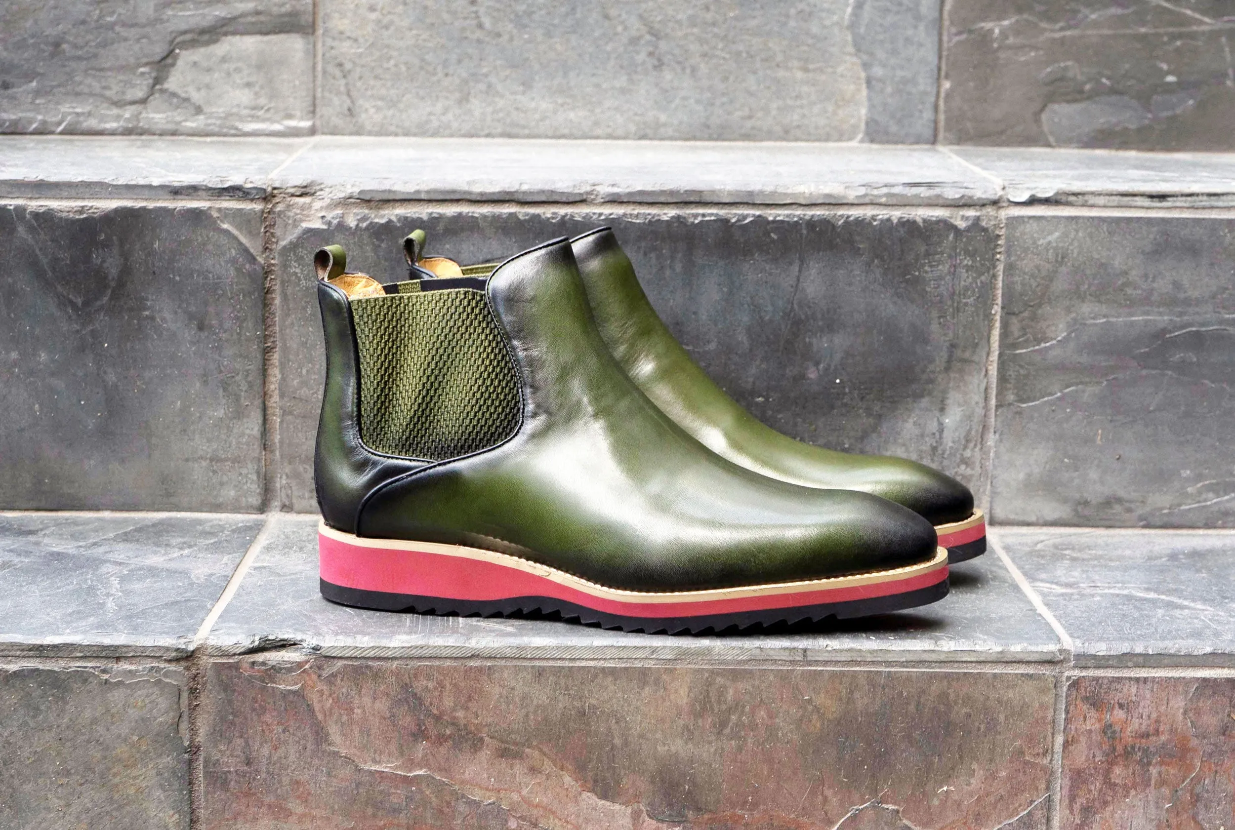 Burnished Calfskin Slip-On Boot Olive