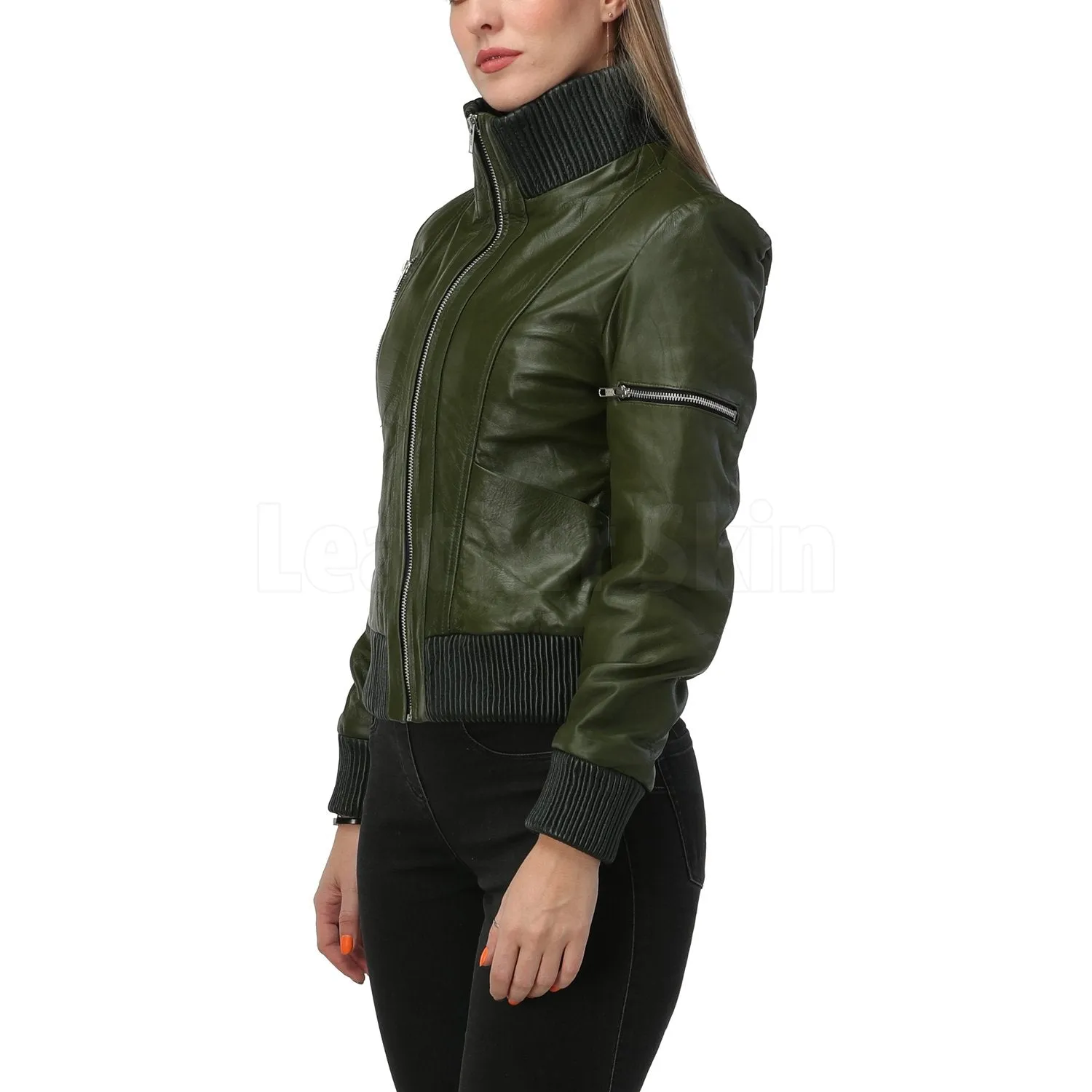 Carol Green Bomber Leather Jacket - Leather Skin Shop