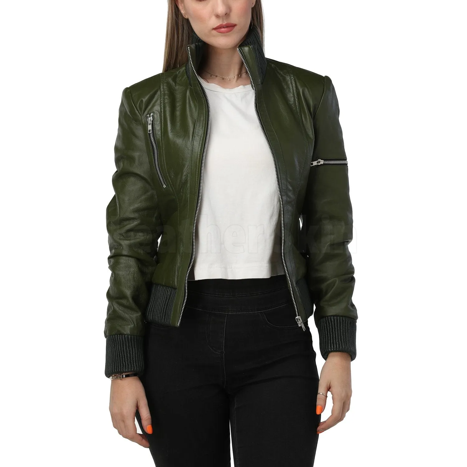 Carol Green Bomber Leather Jacket - Leather Skin Shop