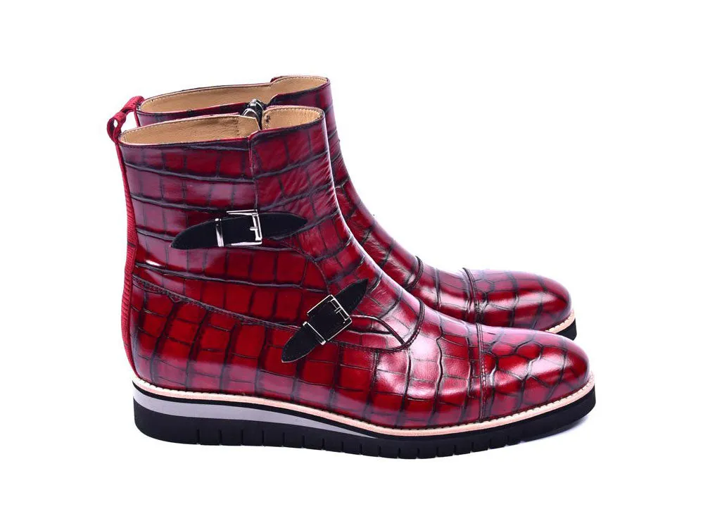 Corrente Crocodile Embossed Calfskin Slip-On Boot Red