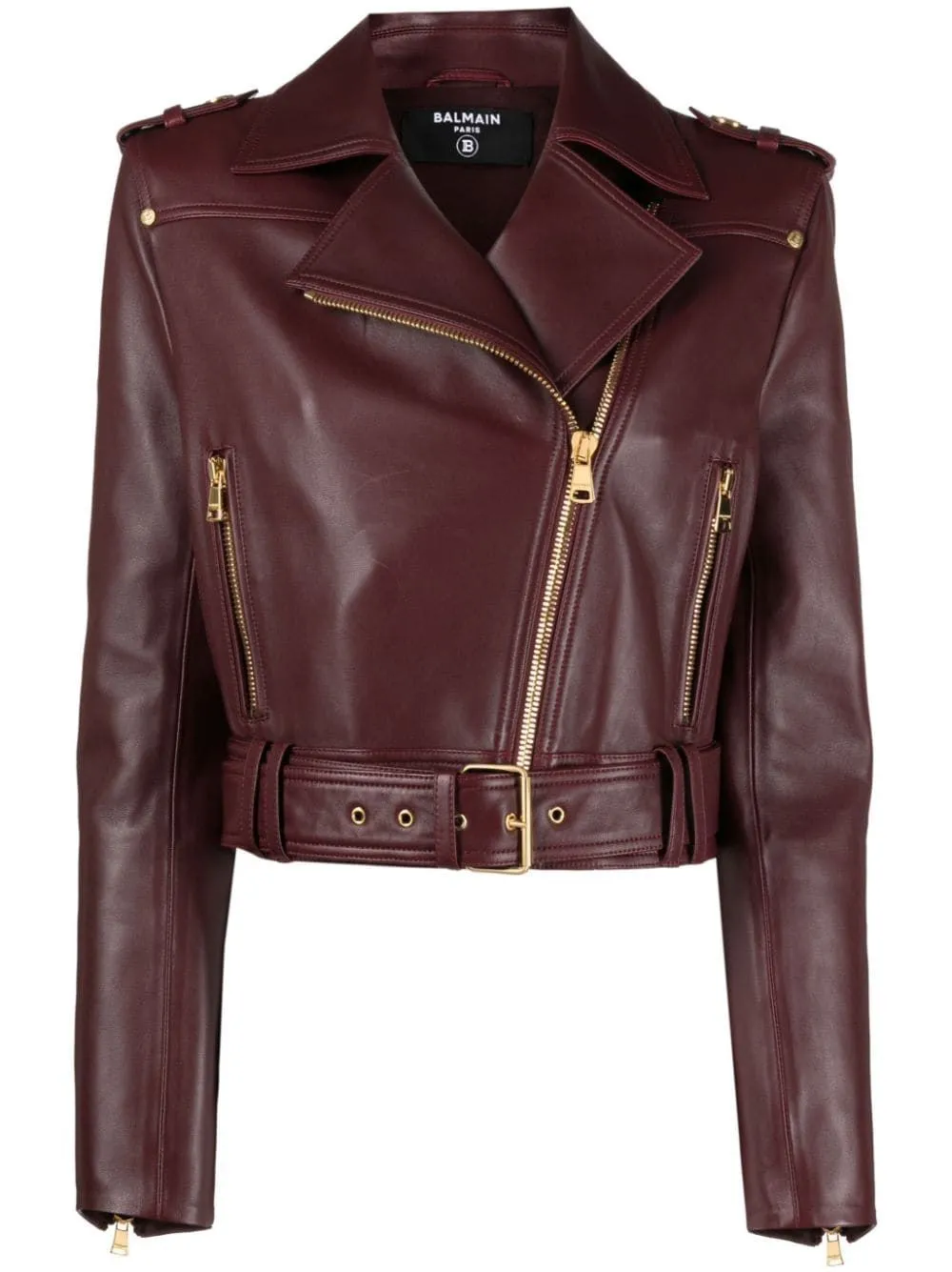 CROPPED BELTED LEATHER BIKER JACKET