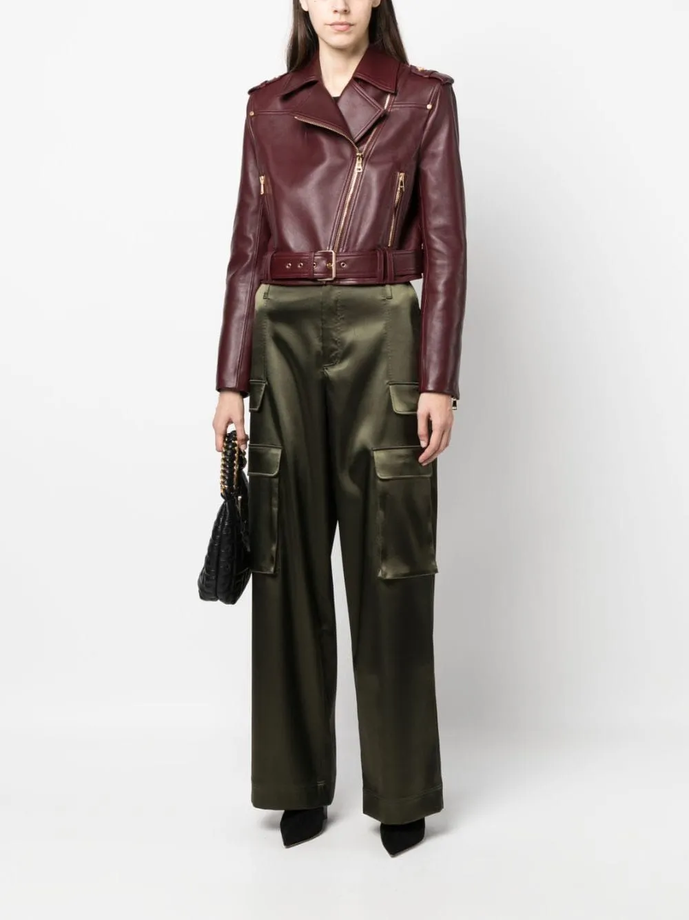 CROPPED BELTED LEATHER BIKER JACKET