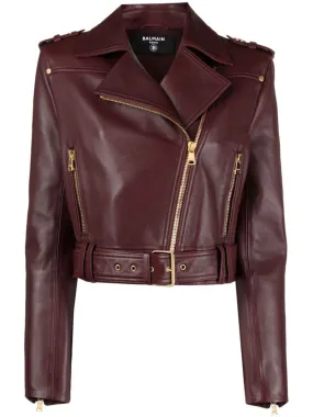 CROPPED BELTED LEATHER BIKER JACKET