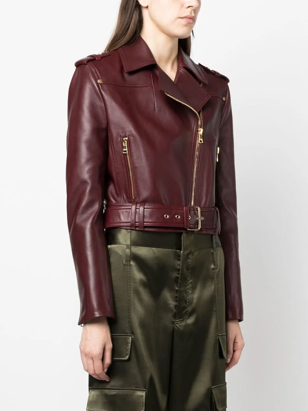 CROPPED BELTED LEATHER BIKER JACKET