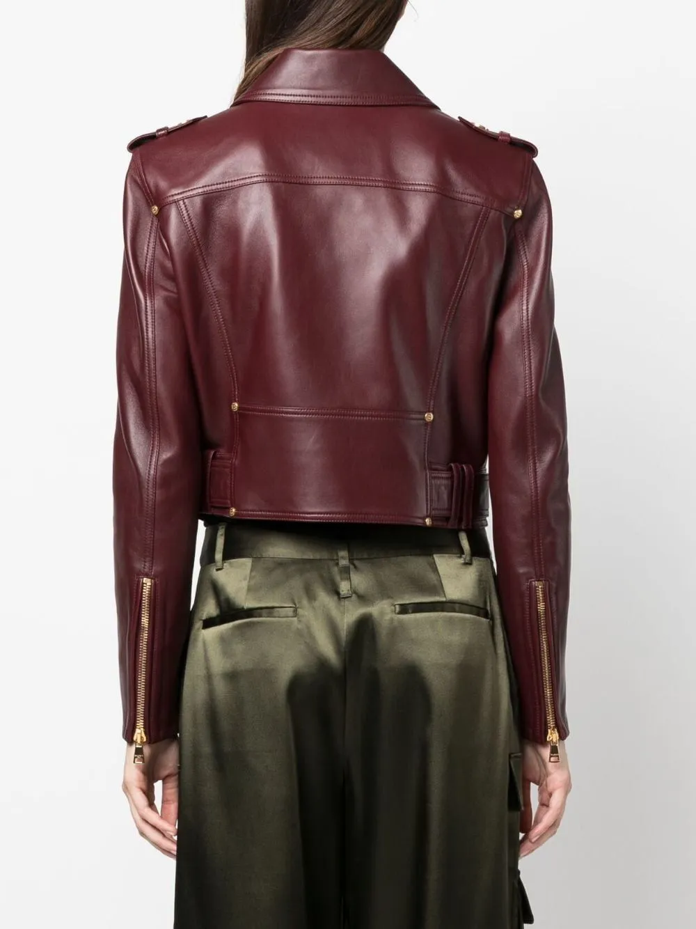 CROPPED BELTED LEATHER BIKER JACKET