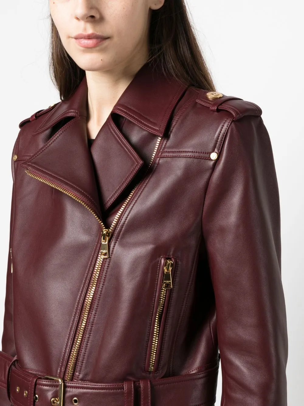 CROPPED BELTED LEATHER BIKER JACKET