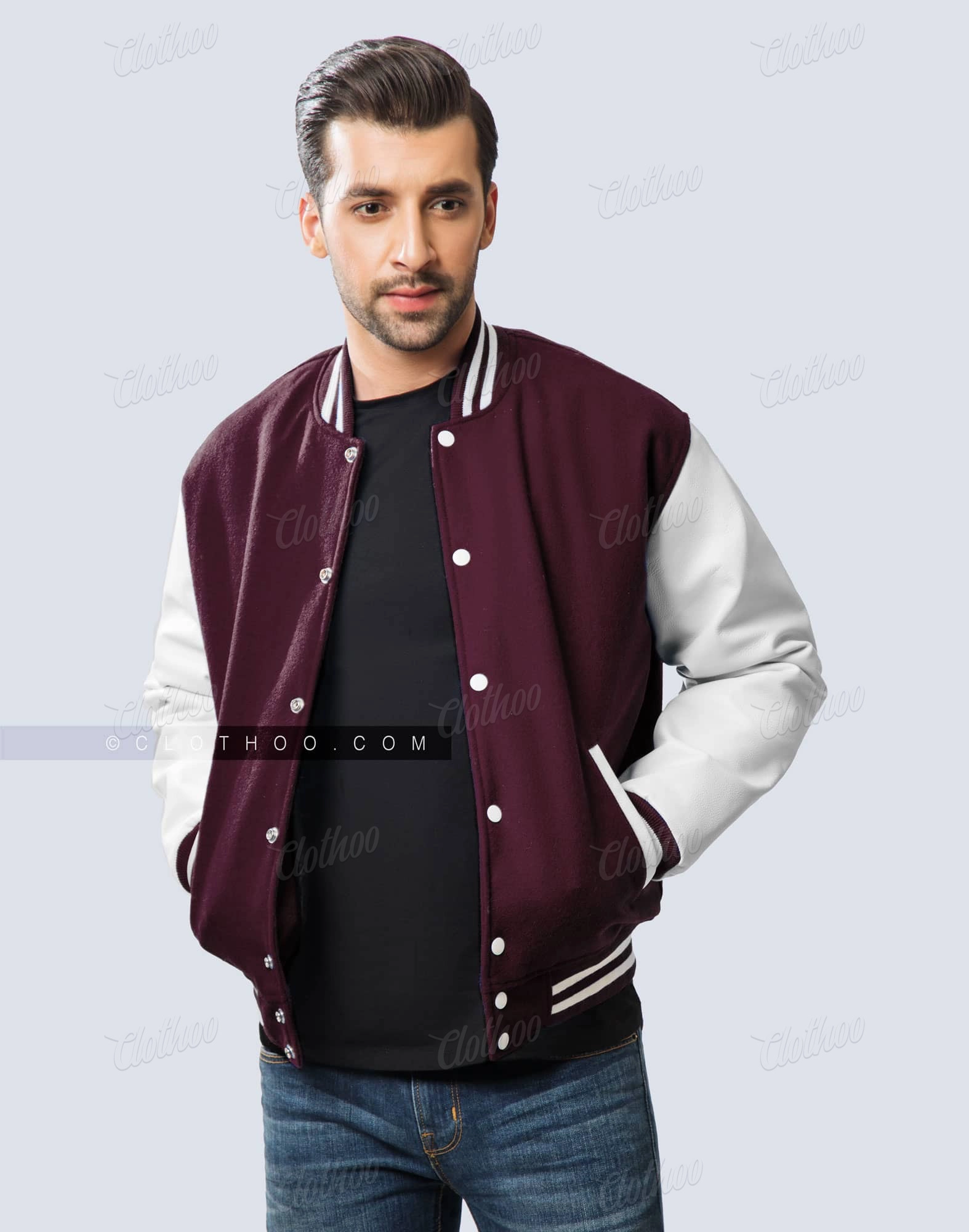 Dark Maroon Letterman Jacket Leather Sleeves | Clothoo