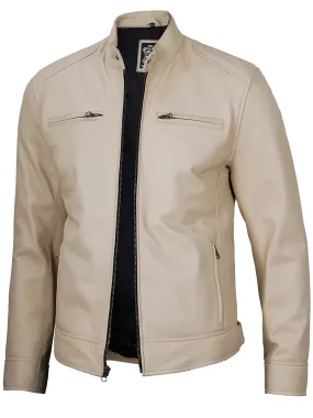 Dodge Beige Cafe Racer Leather Biker Jacket