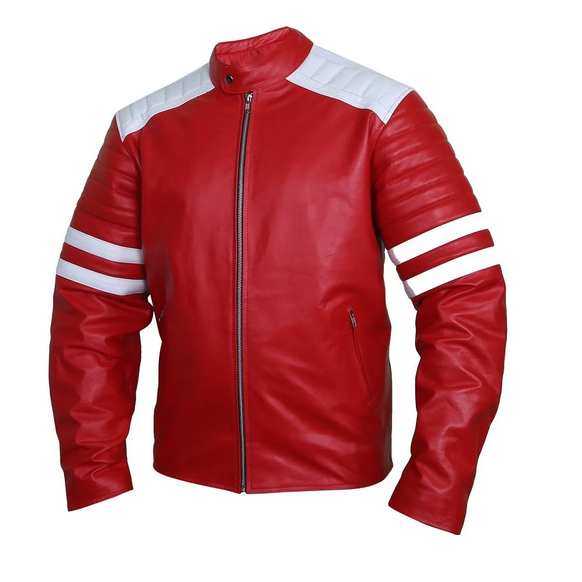 Edgy Crimson Leather Racer Jacket - Leather Skin Shop