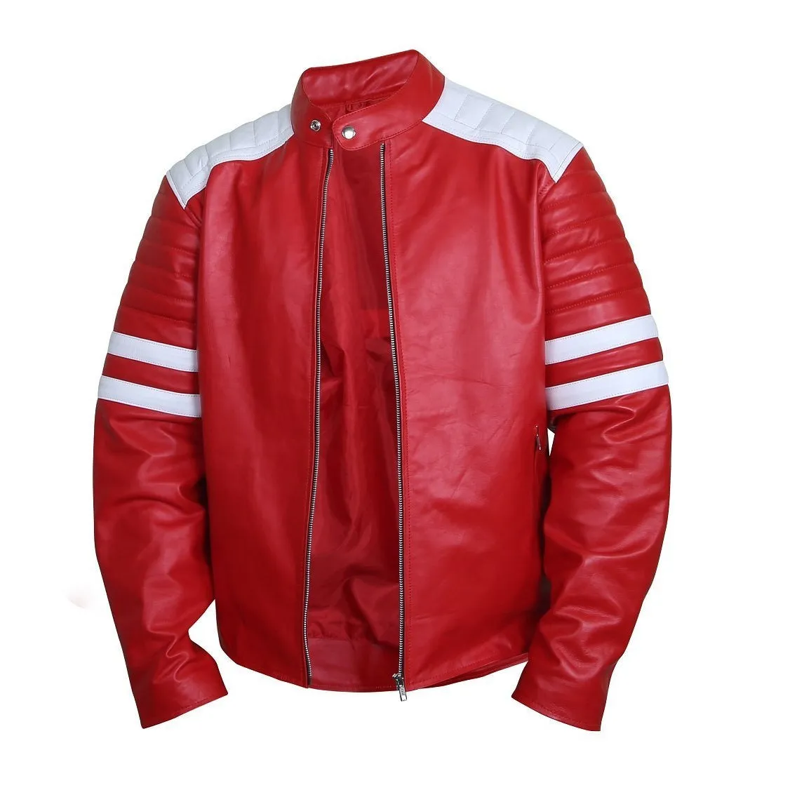 Edgy Crimson Leather Racer Jacket - Leather Skin Shop