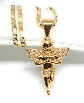 Gold Plated Angel CZ ICED OUT Pendant Necklace 24 Figaro Chain (SM,MED)