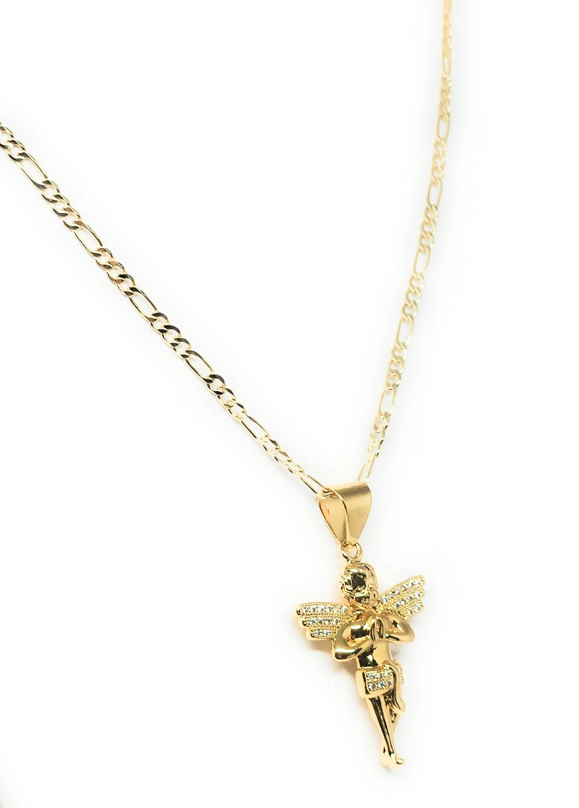 Gold Plated Angel CZ ICED OUT Pendant Necklace 24 Figaro Chain (SM,MED)